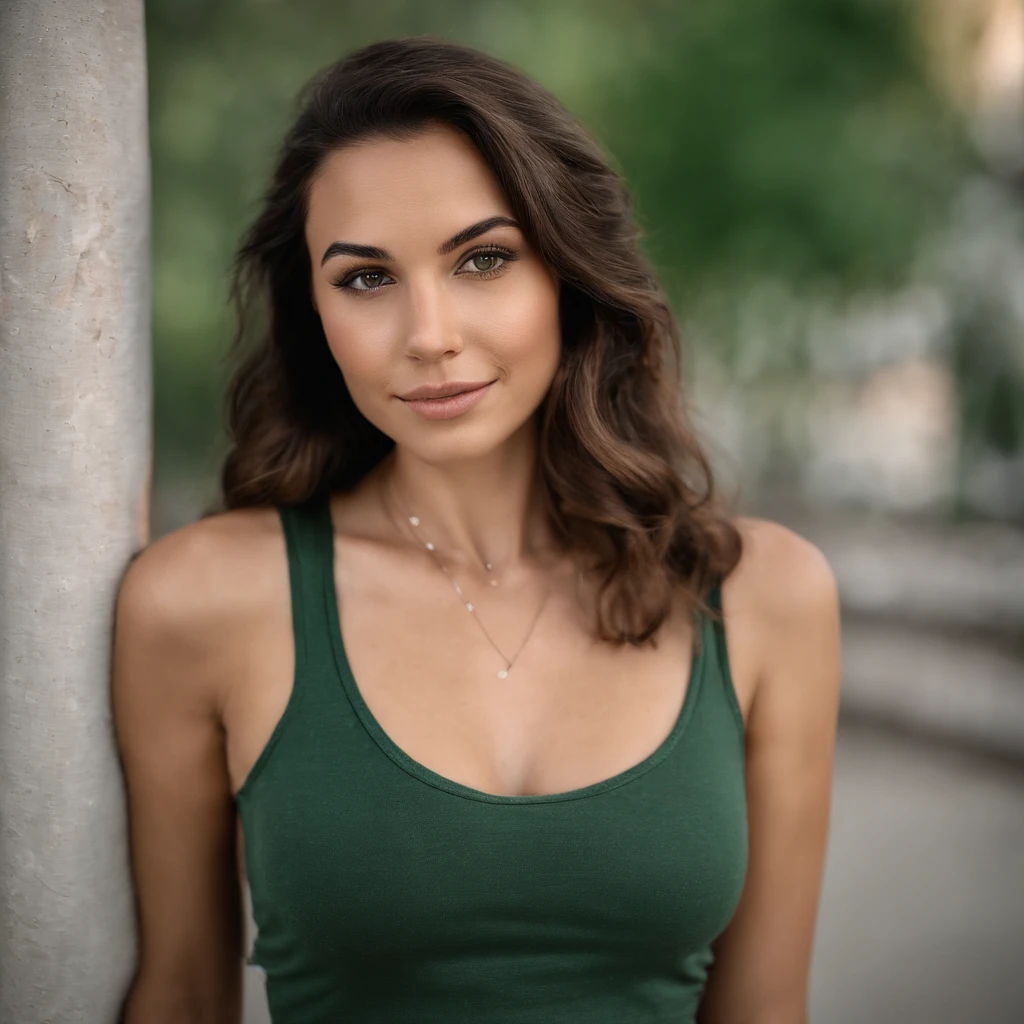 arafed woman with a white tank top and a necklace in club, sexy girl with green eyes, portrait sophie mudd, brown hair and large eyes, selfie of a young woman, bedroom eyes, violet myers, without makeup, natural makeup, looking directly at the camera, face with artgram, subtle makeup, stunning full body shot, piercing green eyes, beautiful angle, attractive pose, cute girl, sexy pose, full body picture, full body, full body shoot, brunette goddess, high detail, satisfied pose, wearing grey skirt and boots, skirt, boots, selfie, no filter, no makeup