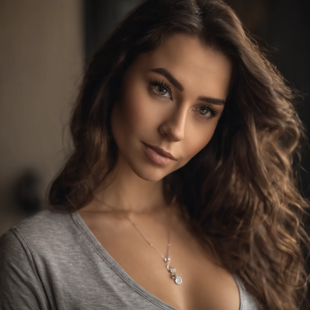 arafed woman with a white tank top and a necklace in club, sexy girl with green eyes, portrait sophie mudd, brown hair and large eyes, selfie of a young woman, bedroom eyes, violet myers, without makeup, natural makeup, looking directly at the camera, face with artgram, subtle makeup, stunning full body shot, piercing green eyes, beautiful angle, attractive pose, cute girl, sexy pose, full body picture, full body, full body shoot, brunette goddess, high detail, satisfied pose, wearing grey skirt and boots, skirt, boots, selfie, no filter, no makeup