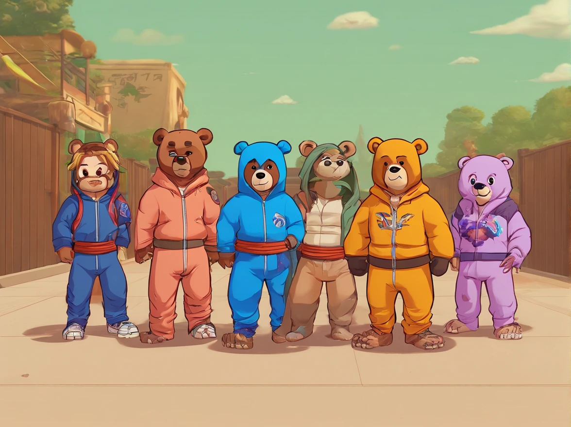 (Same character, Front, Side, back)(Teddy bear in kung fu training:1.5)(Wearing blue teddy bear hooded jumpsuits:1.37),, Maya 8 K, anime lush john 8k woods, 3 d character, 3d character, Diego 5, 3D model Pixar rendering,, rendered in maya, rendering by octane.