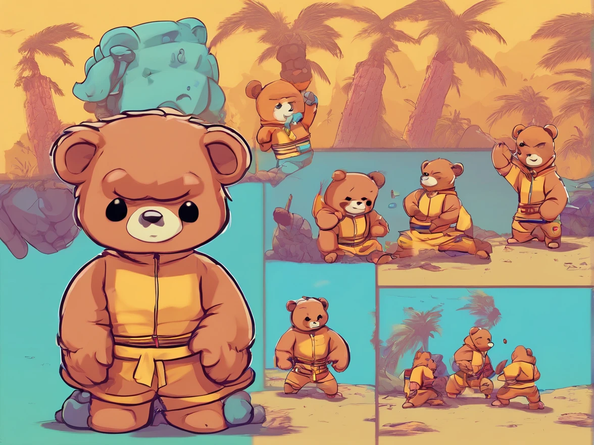 (Same character, Front, Side, back)(Teddy bear in kung fu training:1.5)(Wearing blue teddy bear hooded jumpsuits:1.37),, Maya 8 K, anime lush john 8k woods, 3 d character, 3d character, Diego 5, 3D model Pixar rendering,, rendered in maya, rendering by octane.