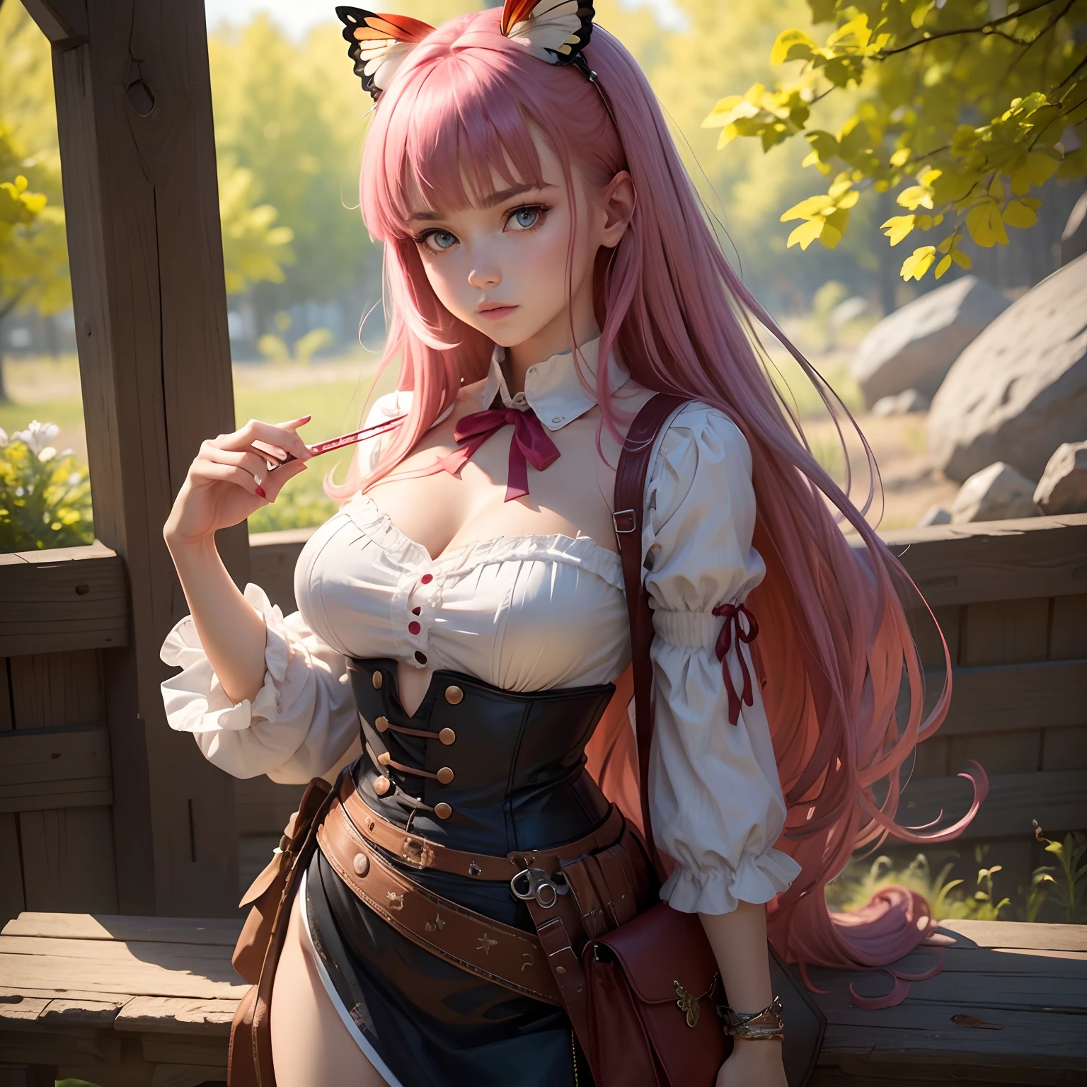 8k, masterpiece, best quality, realistic, higly detailed, cowboy shot, 1girl, solo, Nino, cute, cold-looking girl, waist-length straight hair, square bangs hanging over eyebrows, reddish-pink hair, twin butterfly-shaped ribbons on both sides of head, dark blue eyes, average height, well-endowed figure, large breasts, fashionable girl, various cute accessories, takes care of nails, Pure