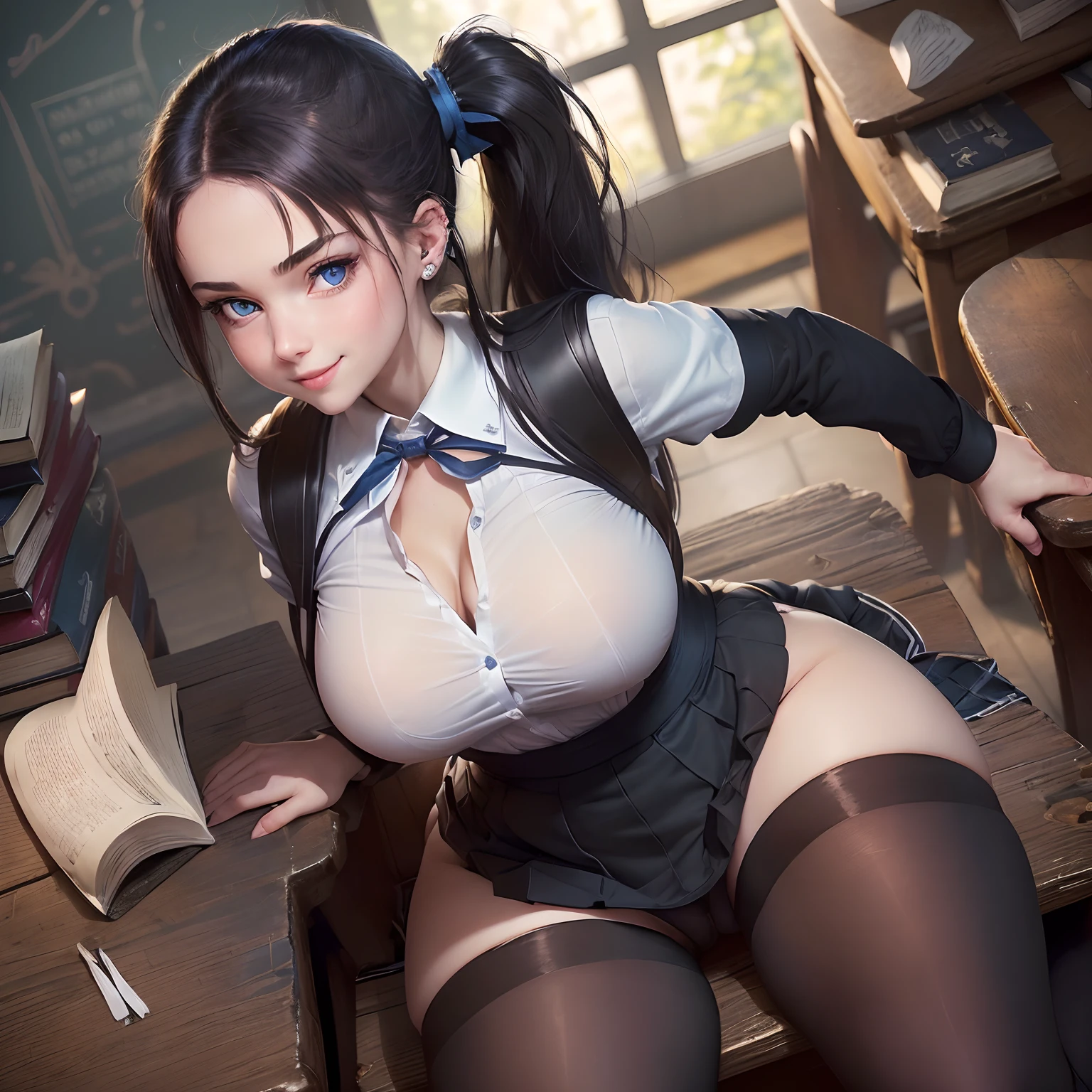 ((frontal shot))), (masterpiece, best quality, ultra detailed, focus on character), ((low angle)), (((extremely attractive girl pale skin piercing blue eyes long dark hair in ponytail))), (((extremely detailed Scottish style school uniform and tight white shirt))), ((she has large pointy breasts)), (((she is sitting spreading her to the viewer with a shy smile))), (((wearing high quality black tights))), (((she is spreading her legs to the camera revealing an exquisite black underwear))), (((crowded school room with old furniture and books background))), [high contrast:1.1])|(((carrying an old school girly back))),