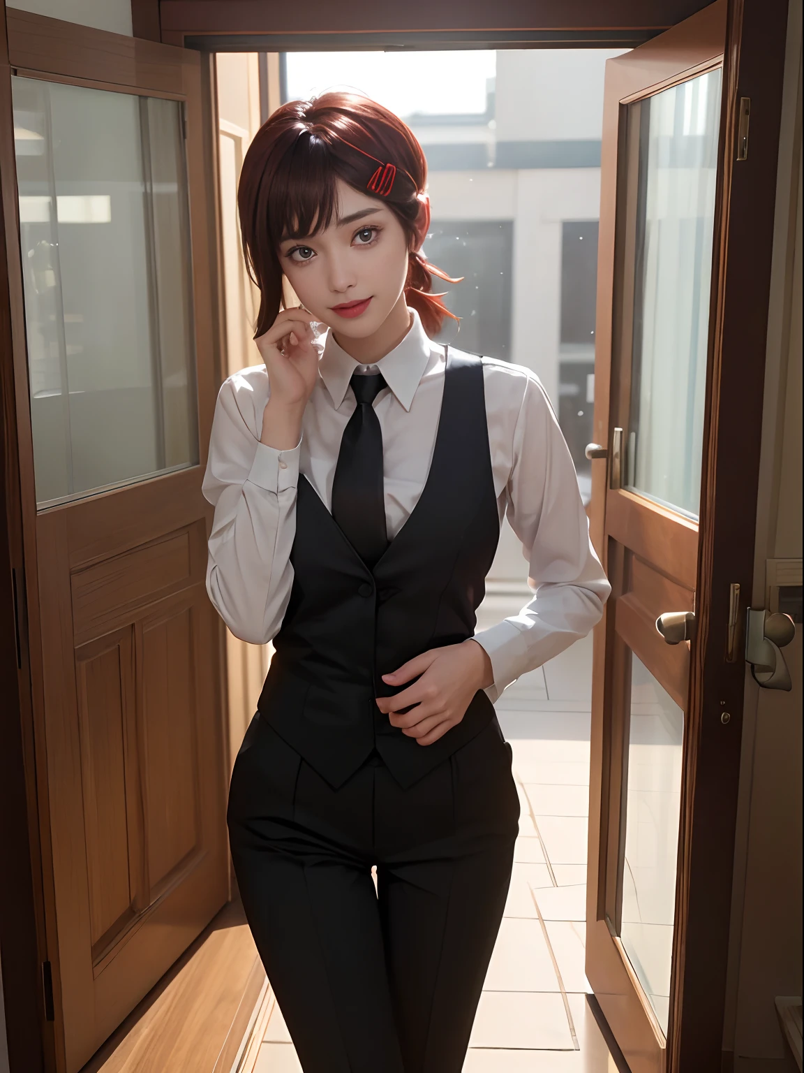 tmasterpiece,best qualtiy,ultra - detailed,illustratio,epic lighting,cinematic compositions,isometry,1girll,独奏,adolable,with brown eye,Black color hair,sweeping bangs,single hair,red hair clips,blouse with a white collar,black necktie,Black pantsuit,formal,a captivating gaze,captivating posture,inside in room,office room,doors,Open the door,looking at viewert,Be red in the face,seduct smile,Shut your mouth,(8K:1.1),blackstockings