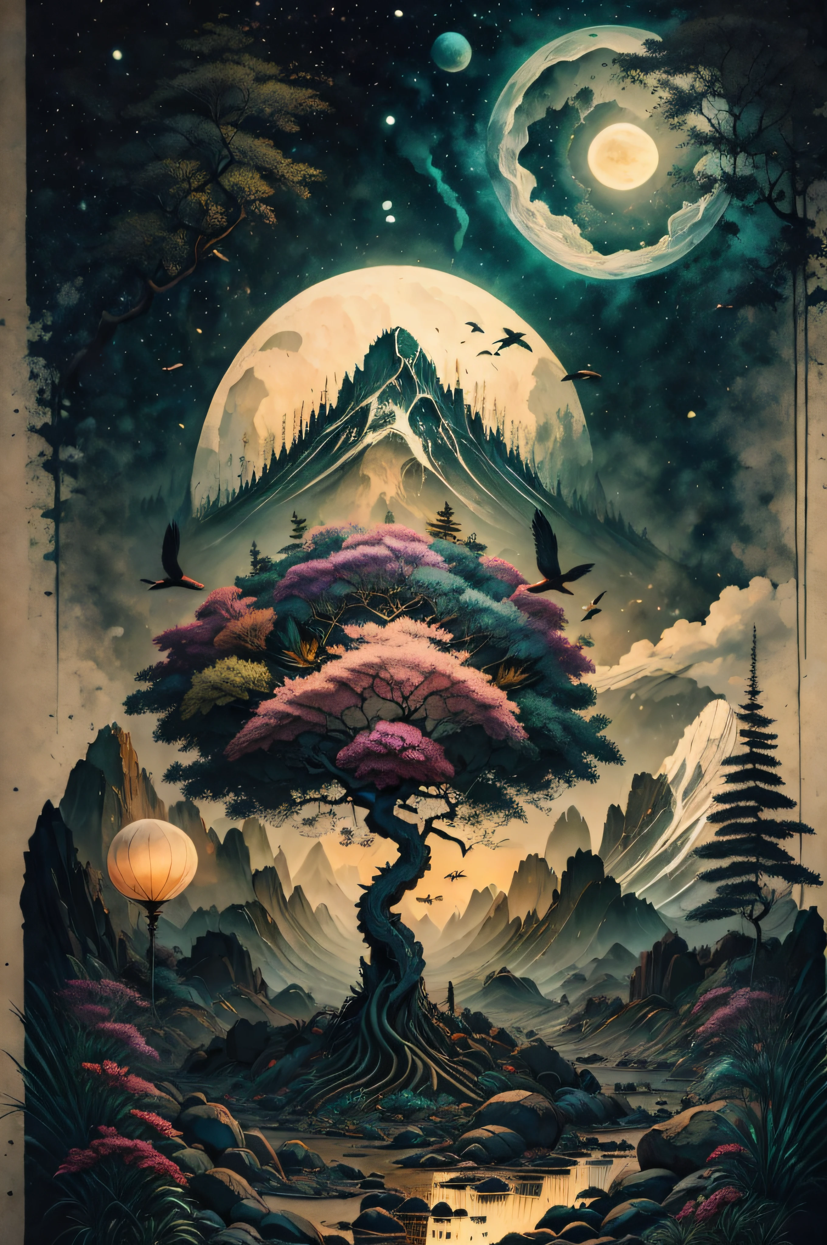 Painting a tree on top of a mountain, Surrealist illustration, Arte oscuro surrealista, Surrealismo pop Lowbrow Art Style, Arte lowbrow, atardecer, luna