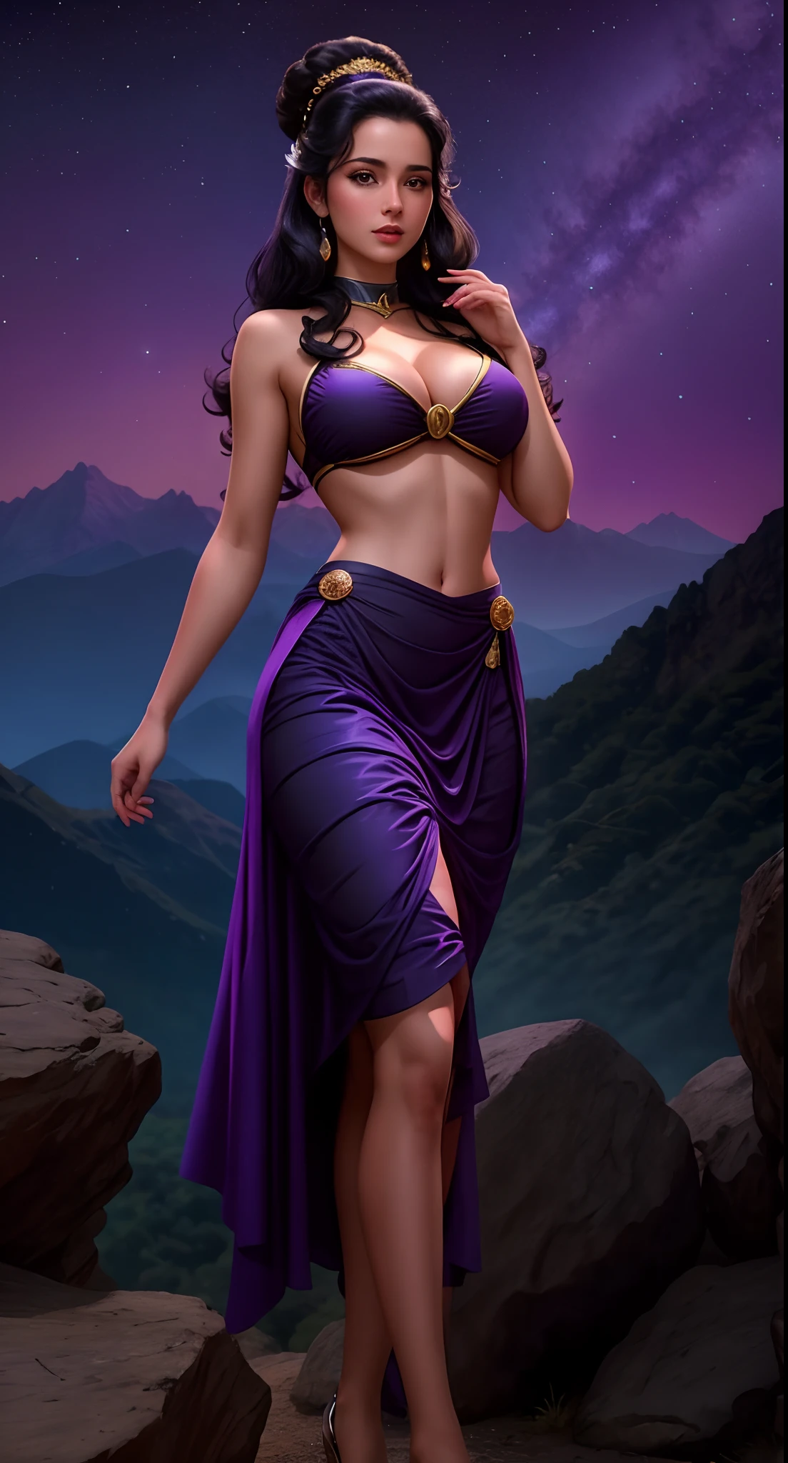 Bodacious seductive young woman in front mountains, with elaborately coiffed black hair with large side rolls, wearing purple genie bikini outfit, perfect delicate fingers, perfect delicate hands, perfect delicate feet, perfect delicate legs, in star trek the original series, 4K, cinematic, 1960s technicolor, symmetrical, "100% anatomically correct", octane render