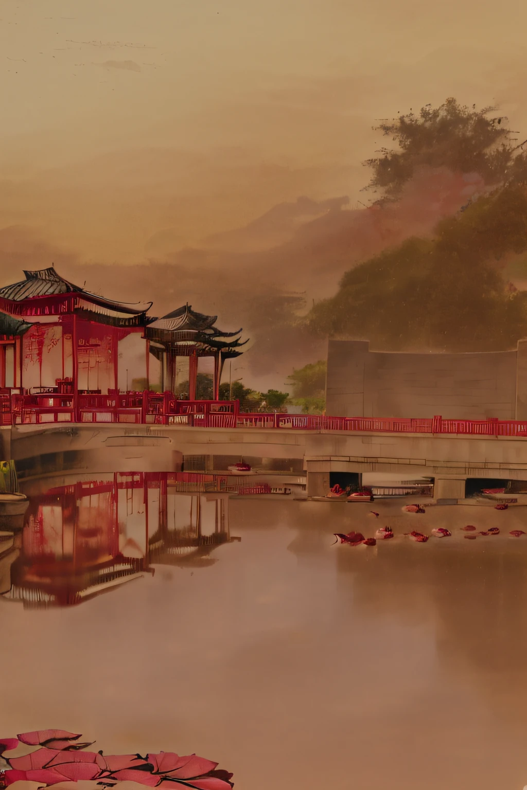 There is a red bridge over the city pond, guangjian, lake scene, at the waterside, Beautiful image, 4 0 9 6, with a fishpond and courtyard, Lotus pond, lagoon, baotou china, video, nanquan, guangjian huang, Riverside, pond, full - view, wide establishing shot, Lake, Hangzhou