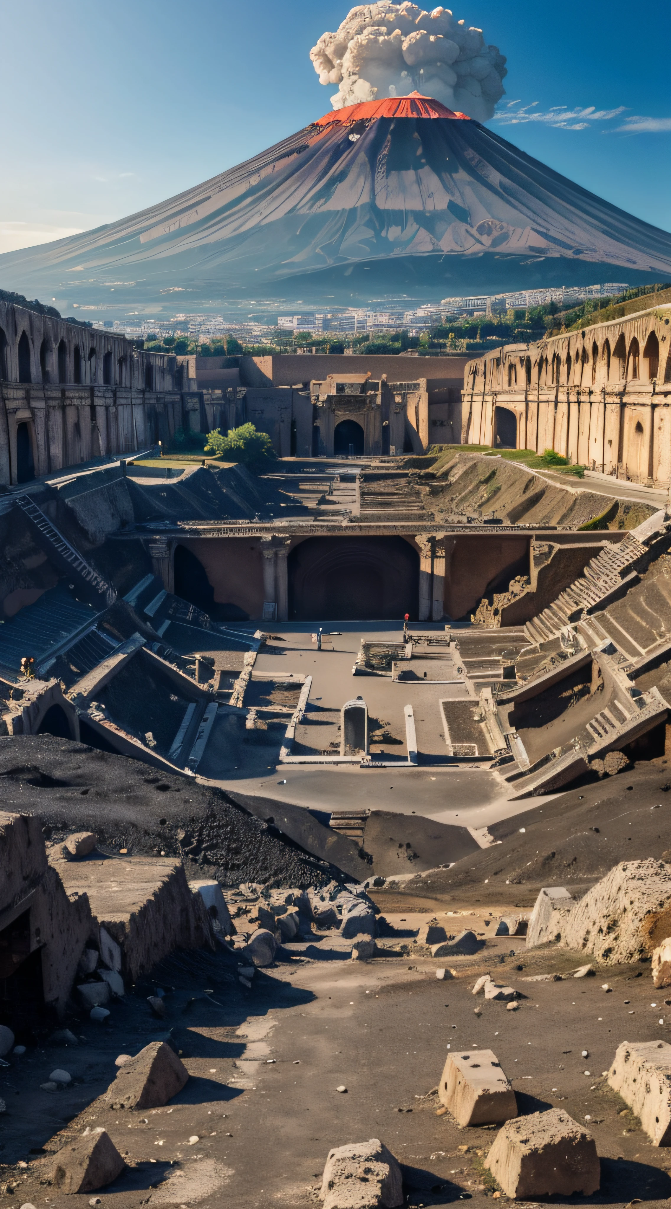 Vesuvius Volcano: city of Pompeii (at the foot of Vesuvius) buried under meters of ash and pumice stone after the eruption of Vesuvius in 79 BC (16K, HDR, highly quality,, Super Detailed High Resolution)