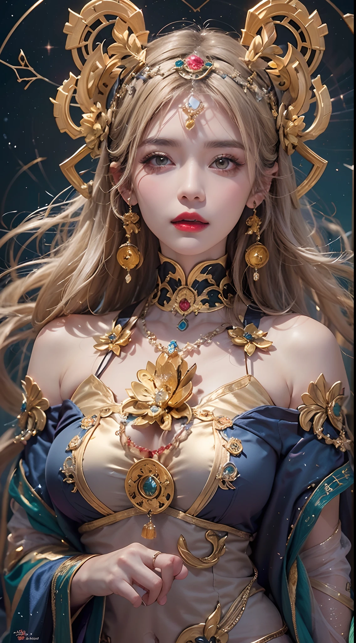 1 zodiac goddess from the future, Wear the zodiac goddess Ao Dai to cover her chest, The zodiac goddess wears a bright yellow gold bodice, The goddess radiates a bright pink-purple zodiac aura, The stars are in the form of 12 constellations, Zodiac goddess wearing golden Chinese zodiac sign Ao Dai with many black details, mythical goddess of the 12 zodiacs from the future, constellation ♏, Zodiac style, Dark and mysterious version, plump boobs, Red lips are balanced and very beautiful, Carol Baku and Pino Daeni characters, Intricate details, Detailed background, Many objects in the background, ighly detailed, Magic lighting, femele, Clearly drawn face, Beautiful face and symmetrical eyes, big round eyes and very beautiful and detailed makeup, Far-focus, Silk Clothing, Mystical ornaments, Upper body portrait, Arms loosen