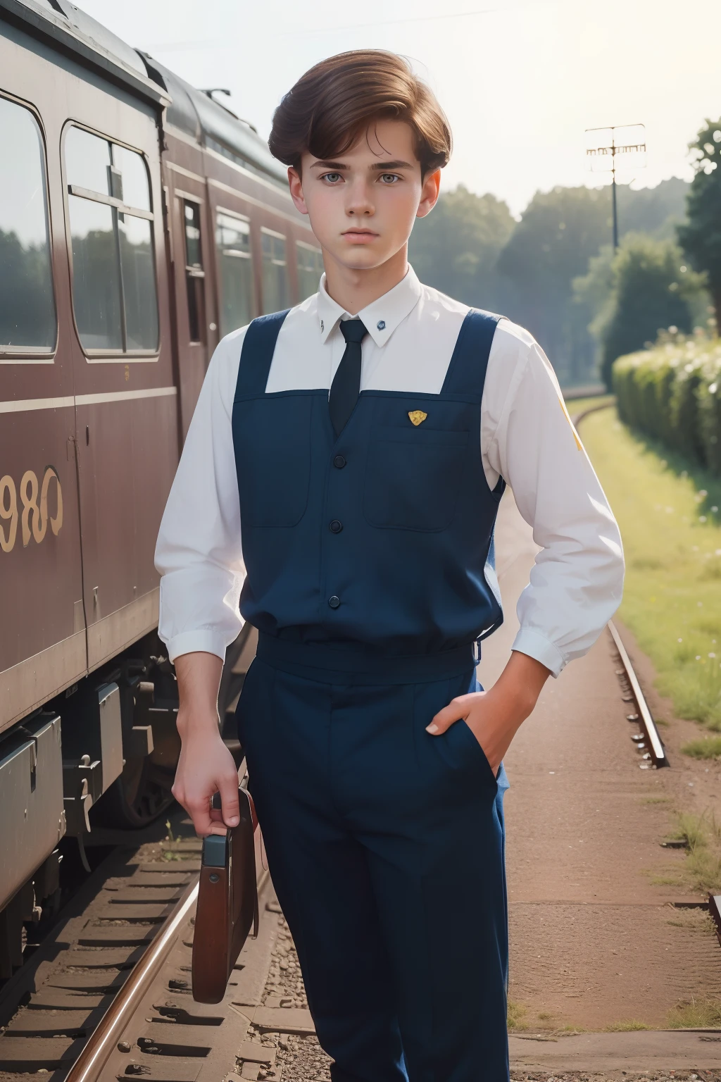 year: 1980. Location: Sweden. Pre-Raphaelite scene with a -yeld bo((clean classic look)), ((strict)), working in the railway, ((((work Clothing from the 1980s)))) ((Hairstyle of the 1980s)), (((in the style of "OMITB")))