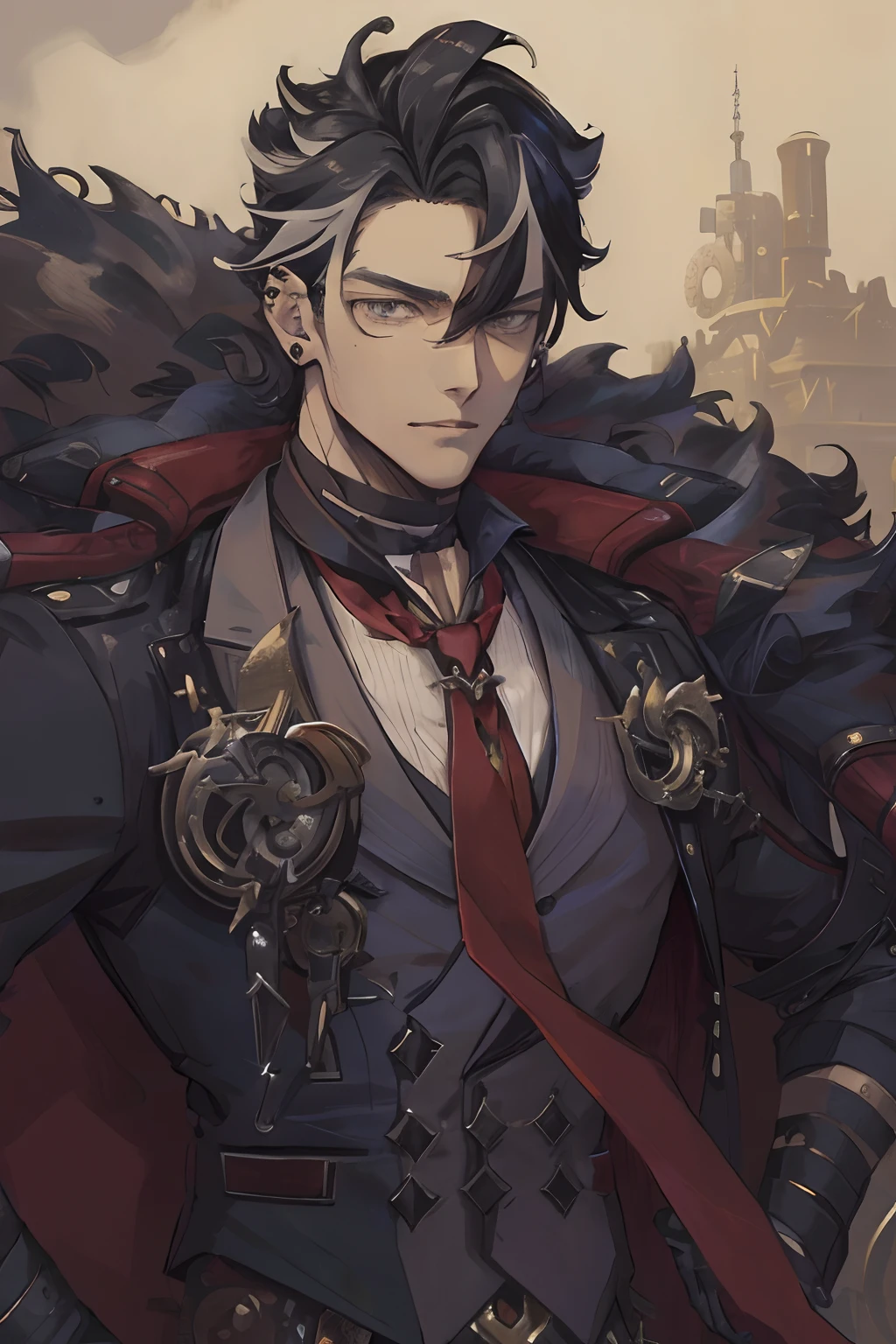 anime - style image of a male character dressed in a suit and tie, key anime art, mature handsome guy, detailed key anime art, steampunk male portrait, detailed anime character art, kawacy, detailed digital anime art, anime portrait of a handsome man, highly detailed exquisite fanart, Steampunk,1man, adult male, muscular, black hair, grey streaks, multicolored hair, pointy hair, short hair, grey eyes, earring, tie, black clothes, jacket, grey clothes, tie, red tie, black furr, gloves, brooch