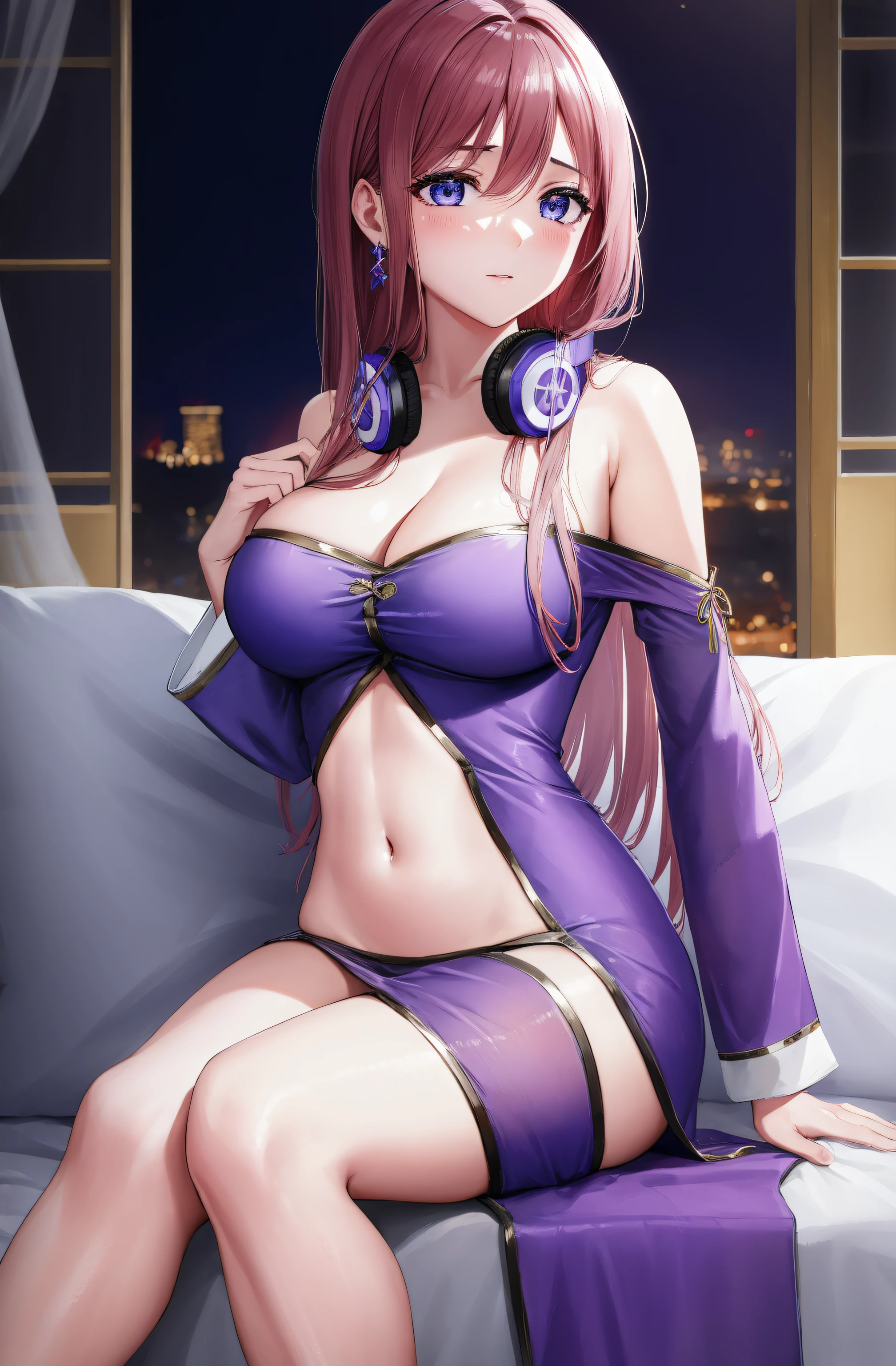 (Night:1.7), Cyberpunk_CityView, Before Window,
sitting at attention,sitting on couch,
((purple outfit)),bare_shoulders,((chinese_clothes)),detached_sleeves,pink dress,jewelry,earrings,navel, miku nakano, long hair, bangs, blue eyes, brown hair, hair between eyes, headphones, headphones around neck,
1 girl, 18yo,Young female,Beautiful Finger,Beautiful legs,Beautiful body,Beautiful Nose,Beautiful character design, perfect eyes, perfect face,
looking at viewer, (innocent_big_eyes:1.0),(expressionless:1.3),seductive pose.teasing smile,
NSFW,official art,extremely detailed CG unity 8k wallpaper, perfect lighting,Colorful, Bright_Front_face_Lighting,
(masterpiece:1.0),(best_quality:1.0), ultra high res,4K,ultra-detailed,
photography, 8K, HDR, highres, absurdres:1.2, Kodak portra 400, film grain, blurry background, bokeh:1.2, lens flare, (vibrant_color:1.2)
(Beautiful,medium_Breasts:1.4), (beautiful_face:1.5),(narrow_waist),(perfect hands, perfect anatomy),