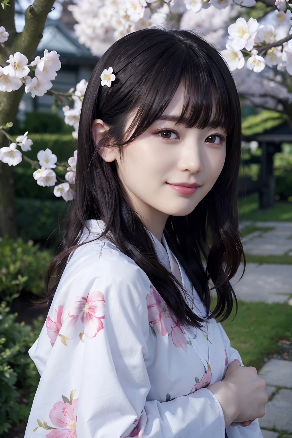 ((masterpiece)), ((best quality)), (ultra-detailed), ((extremely detailed)), 4K, (8K), best quality, (beautiful), dynamic angle, cherry blossom tree, a cute girl, 1girl, solo, kimono, japanese cloth, beautiful black hair0, ((beautiful eyes))0, smile