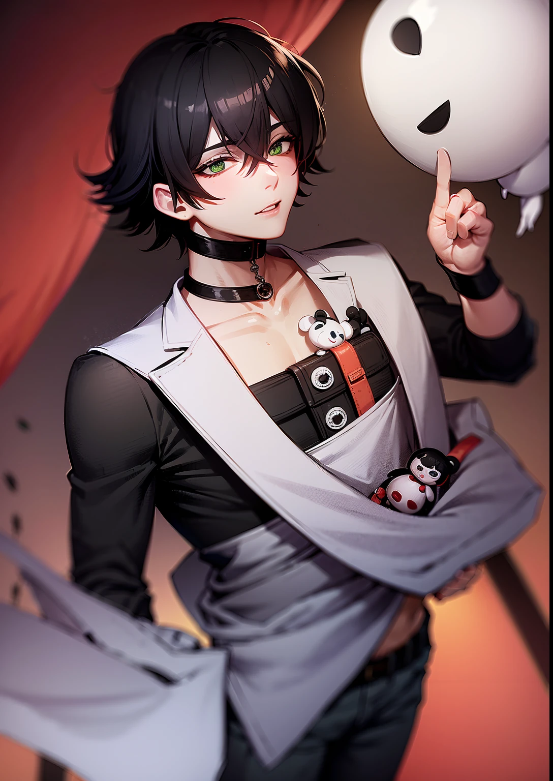 1 boy, masterpiece, handsome, HD, 8K, bloody eyes, blood, missing eyes, half-orange hair,dark green eyes, white shirt full of blood, black pants, torn mouth, background dark school, adorable but scary, scary boy, half body photo, blood, white clothes, wearing ribbons, dark light, full of blood, nsfw, wearing a mask, panda eyes, sleepy eyes, green eyes, nxde, handsome and dignified, carrying a doll, cool guy, 21 years old