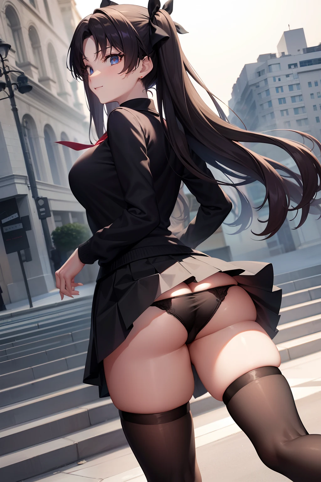 Rin Tohsaka, Rin Tohsaka, aqua eyes, Black hair, Hair Ribbon, Long hair, bow ribbon, side locks, two side up,Blake Black Skirt, (black thighhighs:1.3), Long sleeves, Miniskirt, Pleated skirt, (Red Sweater:1.3), Skirt, Sweaters, thighs thighs thighs thighs, turtle neck、BREAK looking at viewer, BREAK (masutepiece:1.2), Best Quality, High resolution, Unity 8k壁纸, (Illustration:0.8), (Beautiful detailed eyes:1.6), extra detailed face, Perfect Lighting, extremely details CG, (Perfect hands, Perfect Anatomy),、Look at viewers、red blush、A smile、Stand on the escalator, (By up escalator), (lower body shot), Thigh Focus, (Taken from the bottom 1.3), (View from behind1.3)、 (Black panties:1.3)、(Skirt that rolls up:1.3)、(Fully exposed panties:1.5),