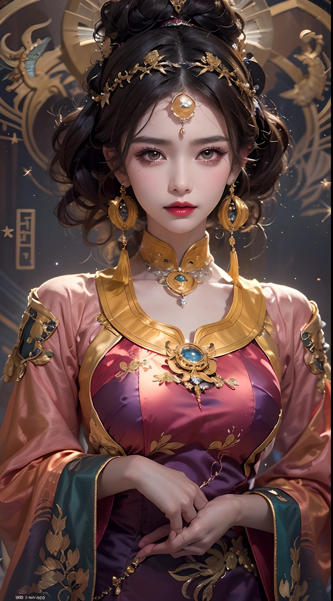 1 zodiac goddess from the future, Wear the zodiac goddess Ao Dai to cover her chest, The zodiac goddess wears a bright yellow gold bodice, The goddess radiates a bright pink-purple zodiac aura, The stars are in the form of 12 constellations, Zodiac goddess wearing golden Chinese zodiac sign Ao Dai with many black details, mythical goddess of the 12 zodiacs from the future, constellation ♏, Zodiac style, Dark and mysterious version, plump boobs, Red lips are balanced and very beautiful, Carol Baku and Pino Daeni characters, Intricate details, Detailed background, Many objects in the background, ighly detailed, Magic lighting, femele, Clearly drawn face, Beautiful face and symmetrical eyes, big round eyes and very beautiful and detailed makeup, Far-focus, Silk Clothing, Mystical ornaments, Upper body portrait, Arms loosen