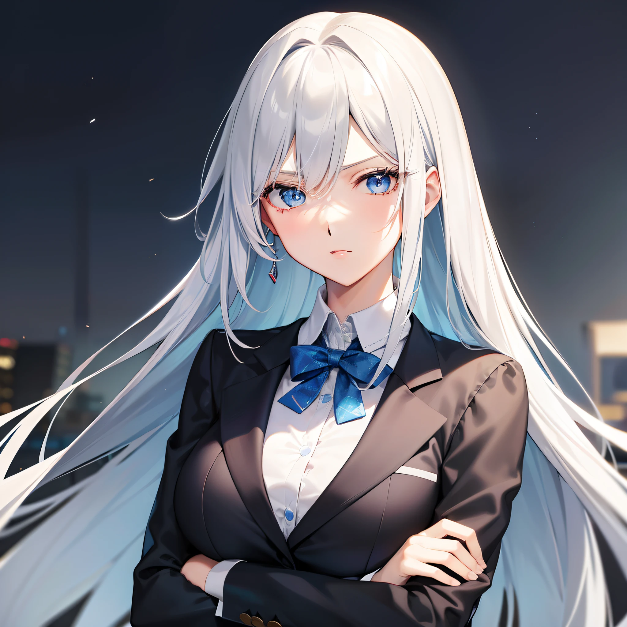 A pretty anime lady, wearing business attire, a lady with long silver hair and blue eyes, is looking at you emotionlessly, is crossing her arms while looking at you in poker face, close up.