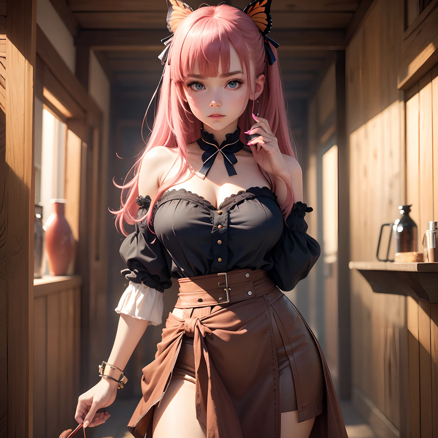 8k, masterpiece, best quality, realistic, higly detailed, cowboy shot, 1girl, solo, Nino, cute, cold-looking girl, waist-length straight hair, square bangs hanging over eyebrows, reddish-pink hair, twin butterfly-shaped ribbons on both sides of head, dark blue eyes, average height, well-endowed figure, large breasts, fashionable girl, various cute accessories, takes care of nails, Reposer