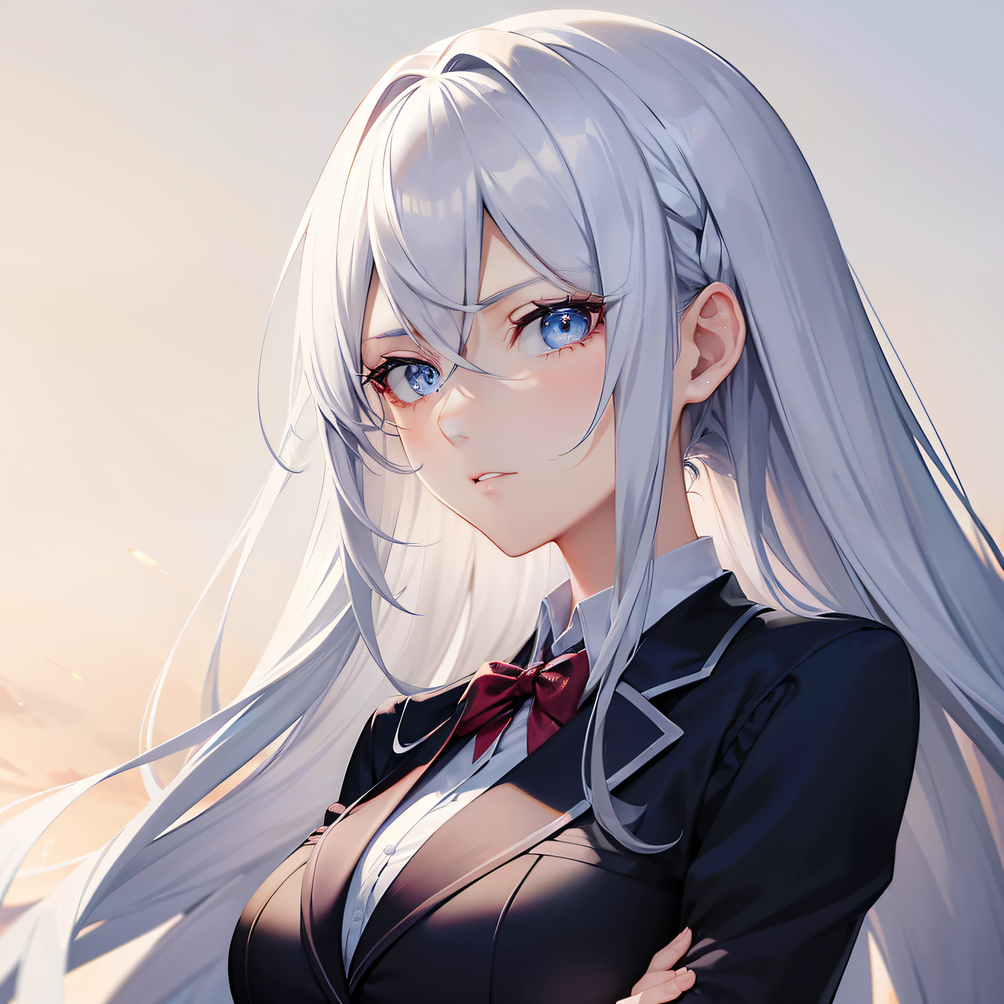 A pretty anime lady, wearing business attire, a lady with long silver hair and blue eyes, is looking at you emotionlessly, is crossing her arms while looking at you in poker face, close up.