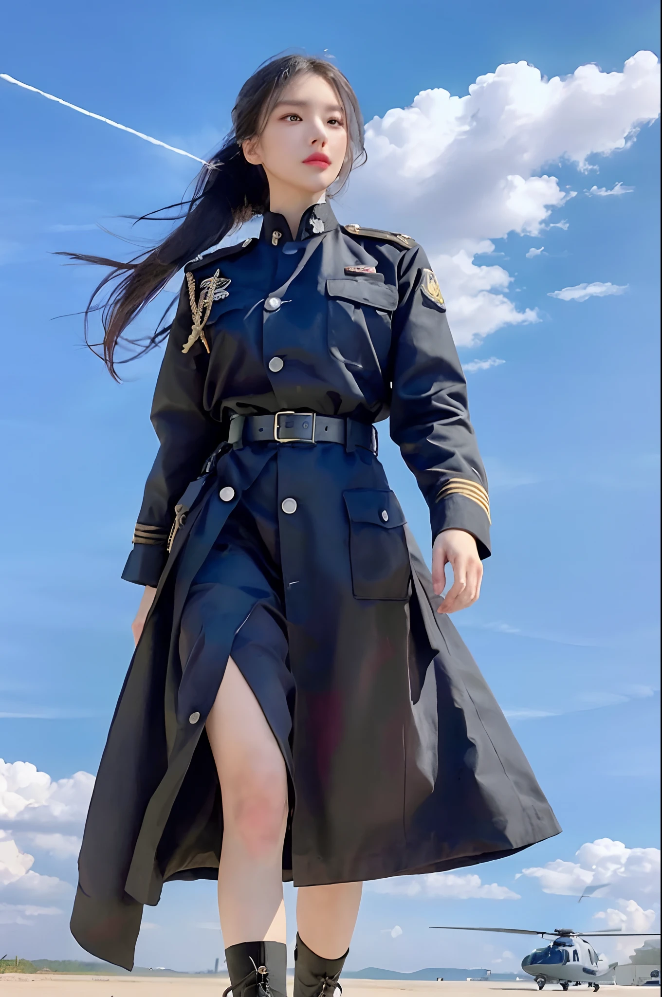 Raw foto, Photorealistic, s whole body, ponytail hair,pale-skin, Black eyes, Pink lips, (Cute), detailed background, Detailed face, Detailed Eyes, Detailed hair, All renders, super detaill, Anatomically accurate., high detailed, High Quality, Best Quality, high resolucion, 8K, Masterpiece,airfield,Officer's uniform