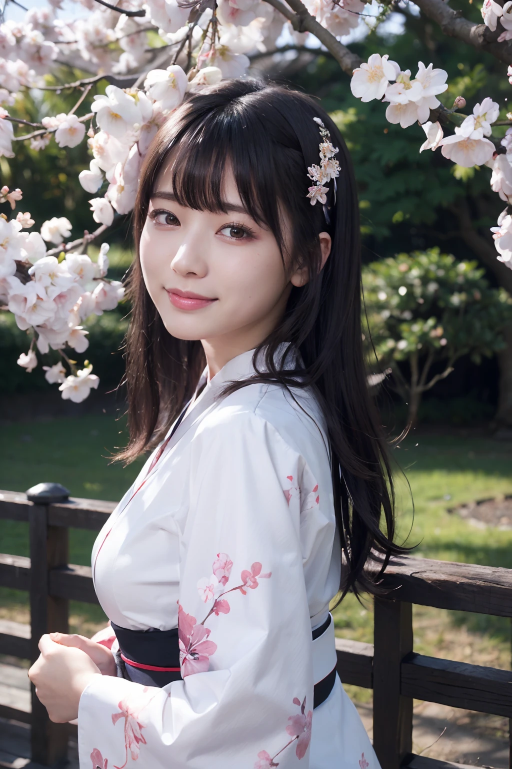 ((masterpiece)), ((best quality)), (ultra-detailed), ((extremely detailed)), 4K, (8K), best quality, (beautiful), dynamic angle, cherry blossom tree, a cute girl, 1girl, solo, kimono, japanese cloth, beautiful black hair0, ((beautiful eyes))0, smile