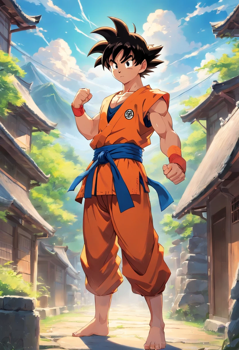 Goku, outdoors ruala village, martial arts training. yeager Goku help. Break the control The village was in turmoil as Broly's power raged out of control