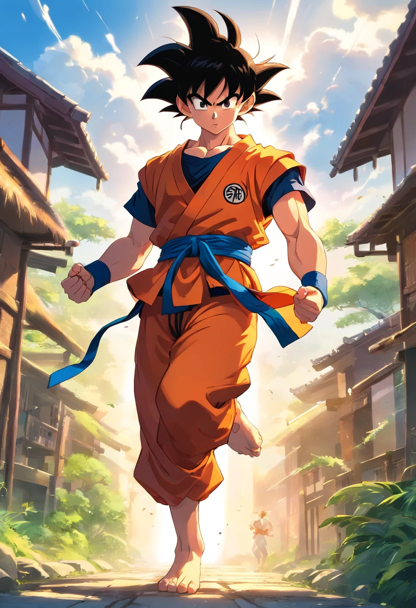 Teen Goku, outdoors ruala village, martial arts training. yeager Goku help. Break the control The village was in turmoil as Broly's power raged out of control