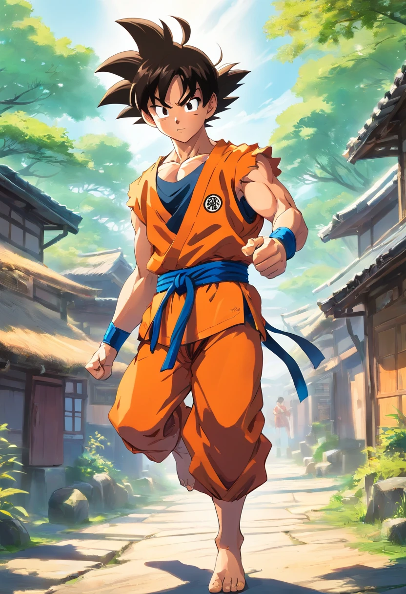 Goku, outdoors ruala village, martial arts training. yeager Goku help. Break the control The village was in turmoil as Broly's power raged out of control
