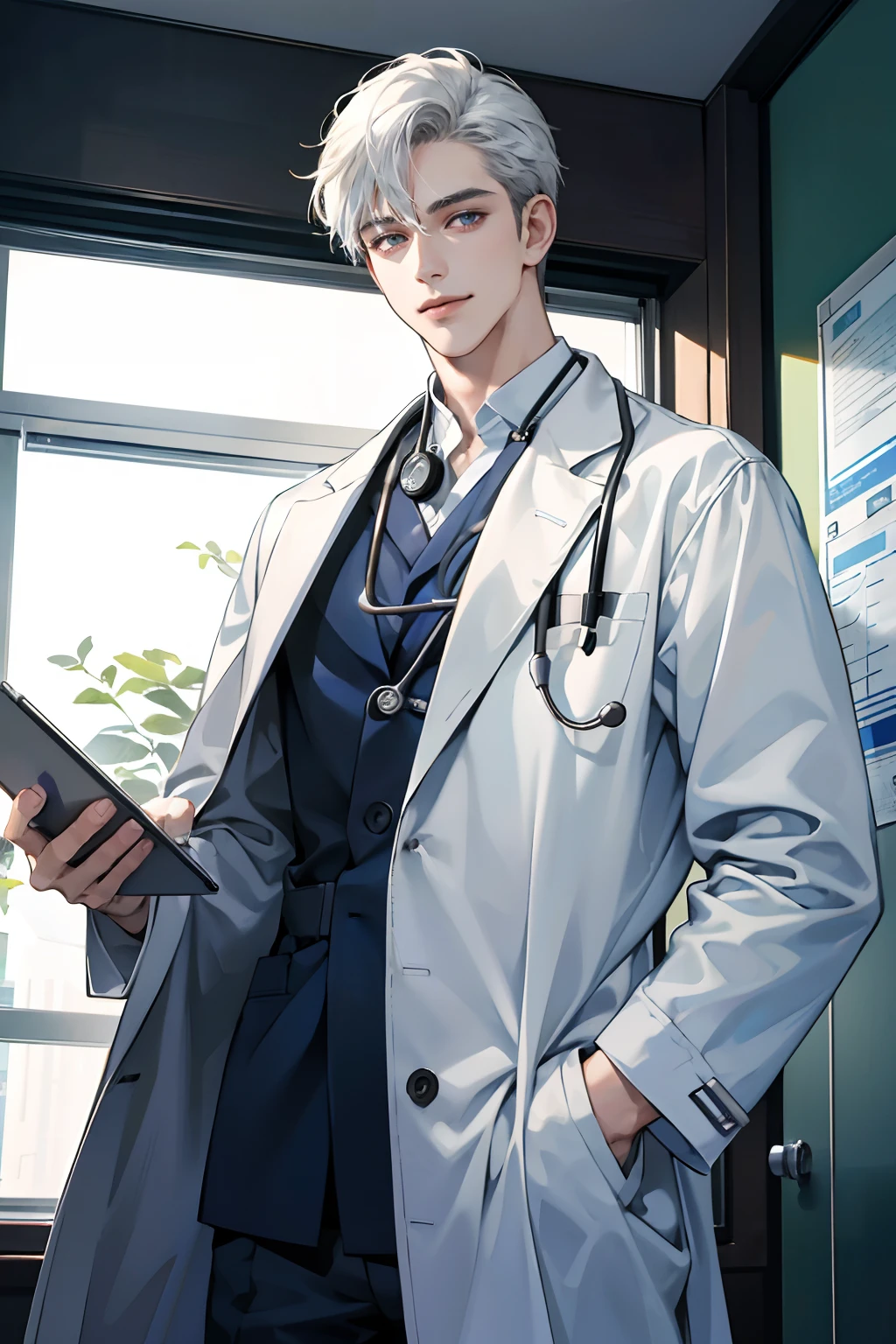 1 boy,Handsome face, perfect male body,look at the camera, smile,(Doctor, white coat, notebook in hand, stethoscope, hospital ward),Dim light,masterpiece,half body, portrait,Ray tracing