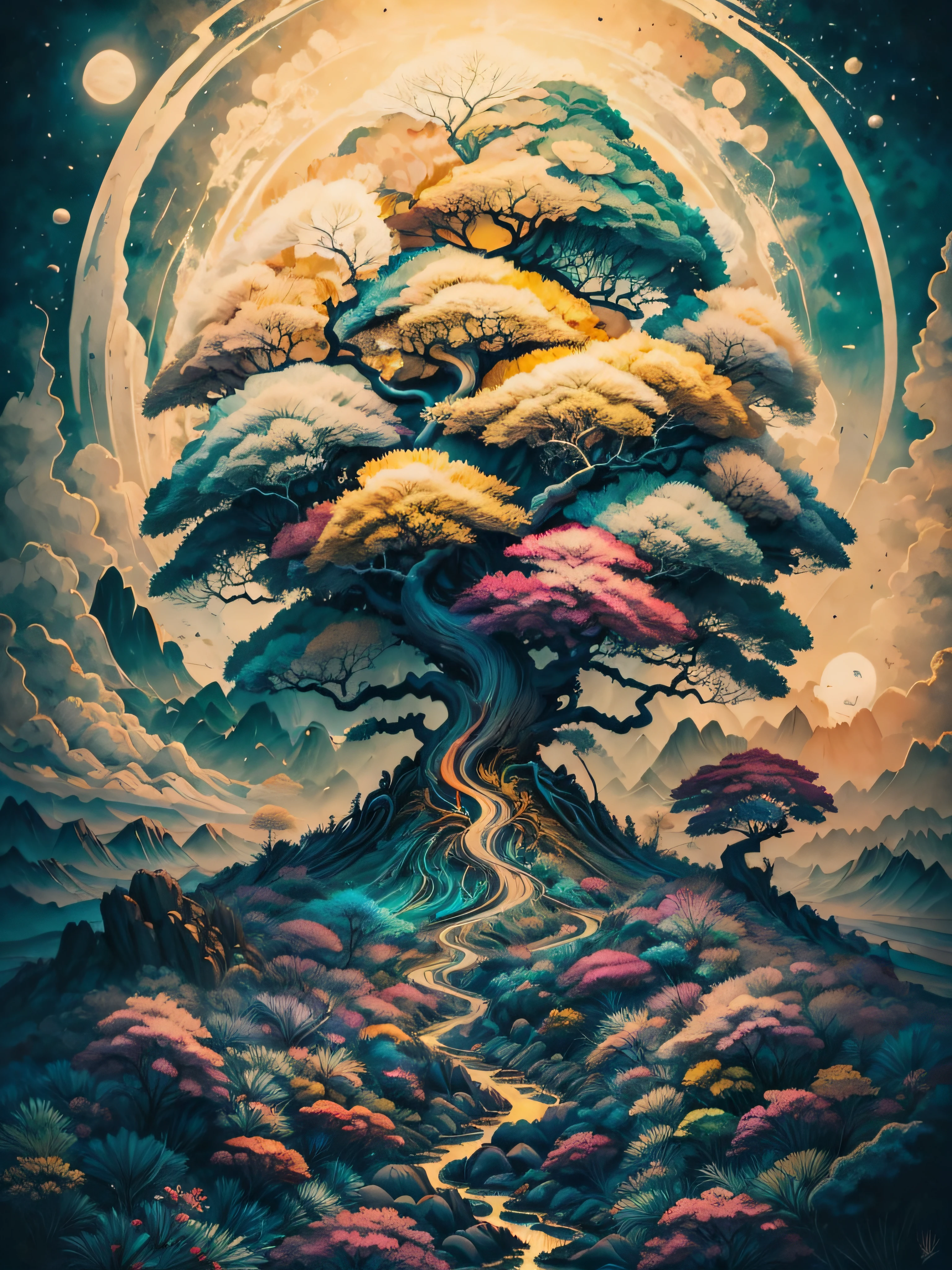 Painting a tree on top of a mountain, Surrealist illustration, Arte oscuro surrealista, Surrealismo pop Lowbrow Art Style, Arte lowbrow, atardecer, luna