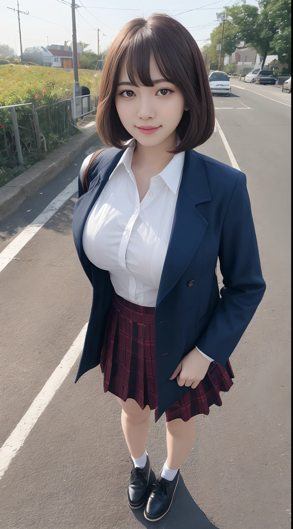 masutepiece、Best Quality、 ultra-detailliert、hight resolution、8K Wallpapers、Perfect dynamic composition,、Beautiful detailed eyes、(Beautiful Large Breasts:1.6)、17-year-old beauty、top-quality、beautiful a girl、High school students、student clothes、Brown hair、Pattsun bangs、bob cuts、a small face、Narrow face、Cute little girl s、Dark blue blazer、White shirt、Red tie、Dark blue skirt、Colossal tits、A slender、slender、slender body with large breasts,,,,,,,,,,,,,,,,,,,,,,,,,,,,,,,,,、ssmile、A smile、Leather shoes、up chest、、Morning sun from the sky、Unclear girl、Surrounded by fields、Bus stop、Stand in front of the bus stop、Beautiful hair fluttering in the wind、Transcendental tranquility、Super detailed illustration、extra detailed face、Raw photography、film grains、Deviantart Trends、