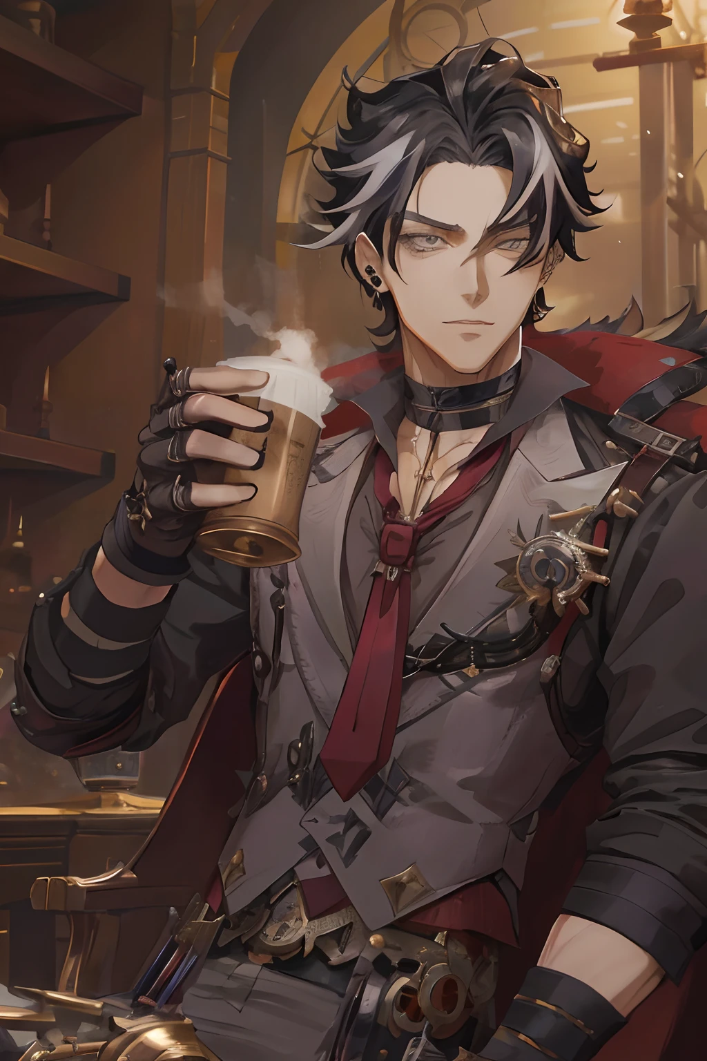 anime - style image of a male character dressed in a suit and tie, key anime art, mature handsome guy, detailed key anime art, steampunk male portrait, detailed anime character art, kawacy, detailed digital anime art, anime portrait of a handsome man, highly detailed exquisite fanart, Steampunk,1man, adult male, muscular, black hair, grey streaks, multicolored hair, pointy hair, short hair, grey eyes, earring, tie, black clothes, jacket, grey clothes, tie, red tie, black furr, gloves, brooch
