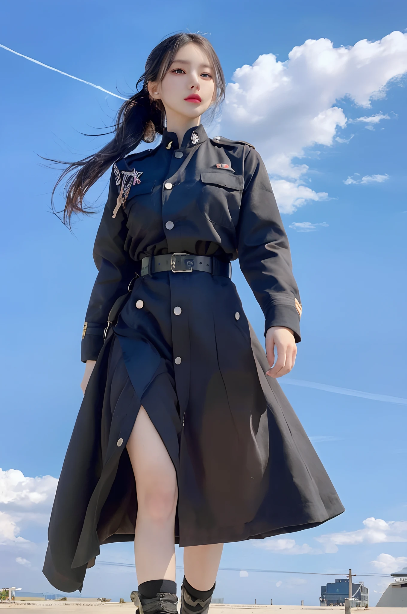 Raw foto, Photorealistic, s whole body, ponytail hair,pale-skin, Black eyes, Pink lips, (Cute), detailed background, Detailed face, Detailed Eyes, Detailed hair, All renders, super detaill, Anatomically accurate., high detailed, High Quality, Best Quality, high resolucion, 8K, Masterpiece,airfield,Officer's uniform
