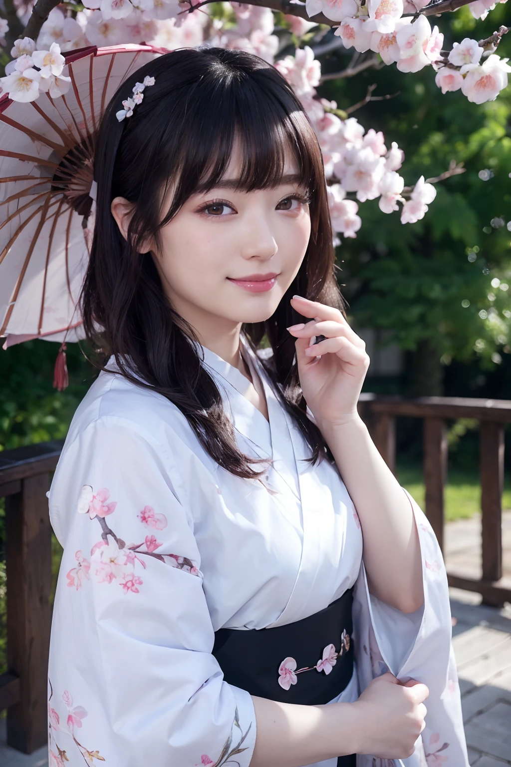 ((masterpiece)), ((best quality)), (ultra-detailed), ((extremely detailed)), 4K, (8K), best quality, (beautiful), dynamic angle, cherry blossom tree, a cute girl, 1girl, solo, kimono, japanese cloth, beautiful black hair0, ((beautiful eyes))0, smile