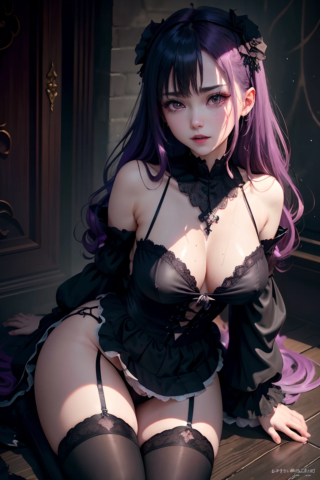 Fornication、Hard Dark Gothic Makeup、Maniacal、Deep night sky、horor、Black Dark Eyeshadow、slaves、crying how bright、mourn、Sad songs、Good skin luster、Lace pink、Long hair straight hair、Dark Gothic Makeup、Dark smile、Restless Palace、Expressions of sexual arousal、Fragrant beauty、age19、carriage、Lying、seductiv、Strong sexual pleasure facial expressions、A look of shame、Dark Gothic、Gothic Long Dress、Gothic lolita、masturbation、bell sleeves、Wizard Sleeve、Obscene look、Stained glass background、masutepiece、Best Quality、Ultra-detailed、Refers to 5 books、Sweat glitters on my chest、Glitter of sweat on your face、Expression of sexual pleasure in anguish、Drunken face、maid clothes、Nasty Woman、Mysterious、noble、Face holding back the toilet、Goth loli clothes、Black pretend skirt、View from above、the body is wet and shiny、Transcendent sex appeal、Sexy Poses、Nasty poses、Face of fiery body、sloppily open your legs、Sweating profusely、Glitter on the thighs、I'm sweating a lot、a little slender、Breast Size Medium、cross one's legs、Affectionate smile、twin-tail hair、Bright purple hair、Slender system、