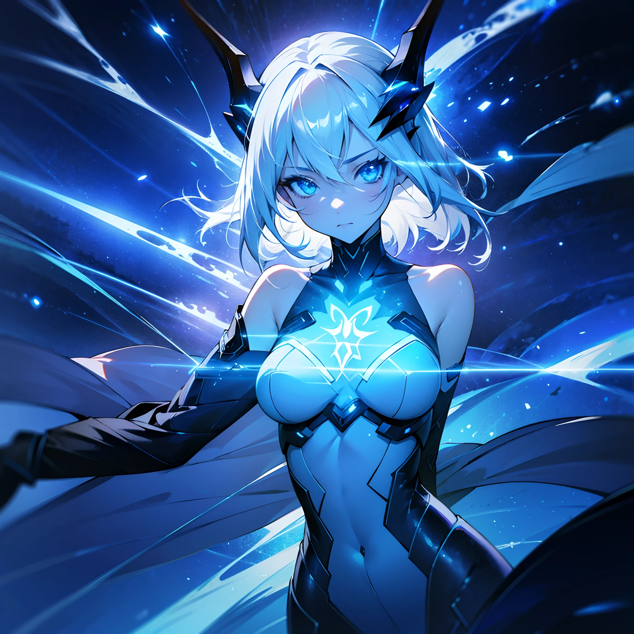 Best quality, 8k, 1 girl, solo, very pale silver skin, cyber blue eyes, horns with lightning magic, medium breasts, cinematic lighting, floating midair, bare shoulders, intricate tight top, highly detailed showy outfit, hand toward viewer, cold expression, looking at viewer