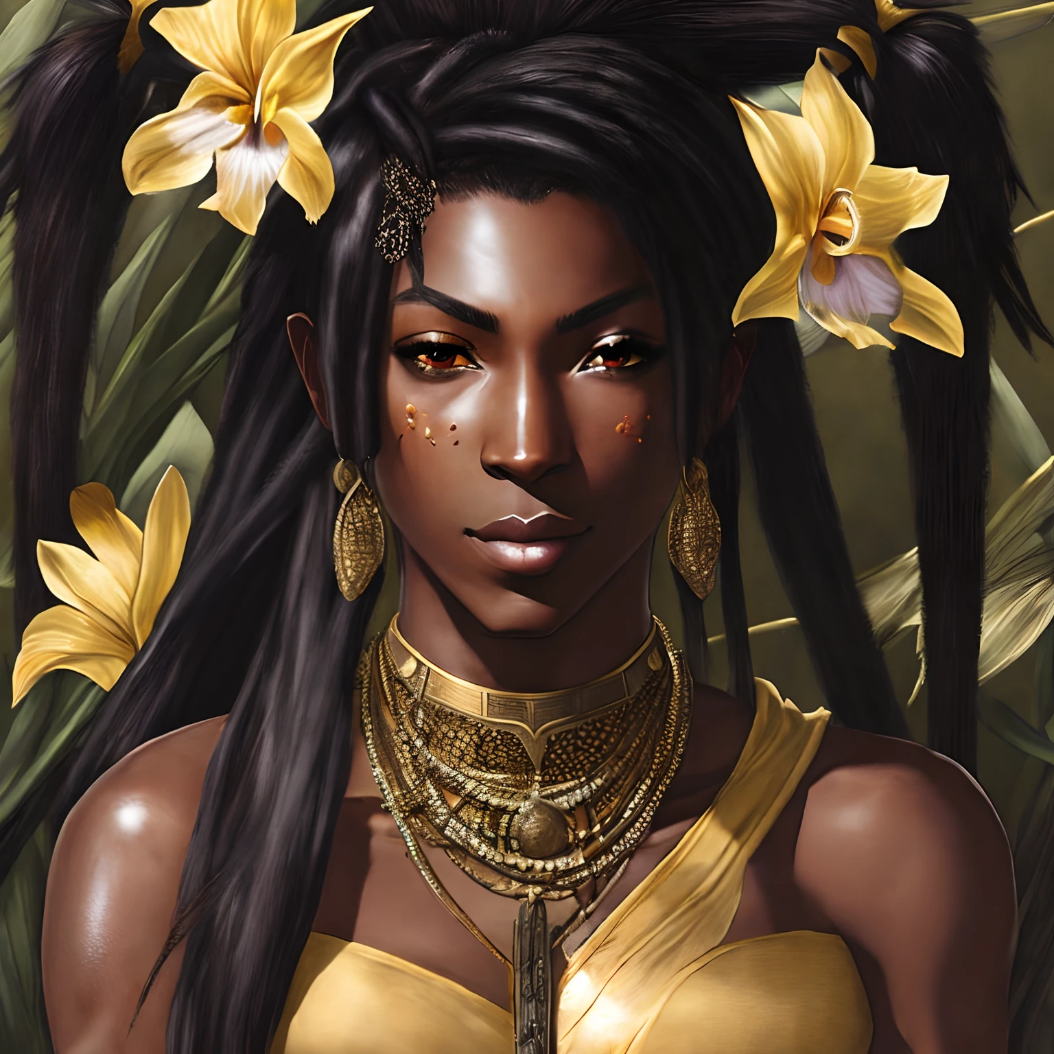 Realistic Portrait of Yoruichi Shihōin, dark skin, golden irises, black hair