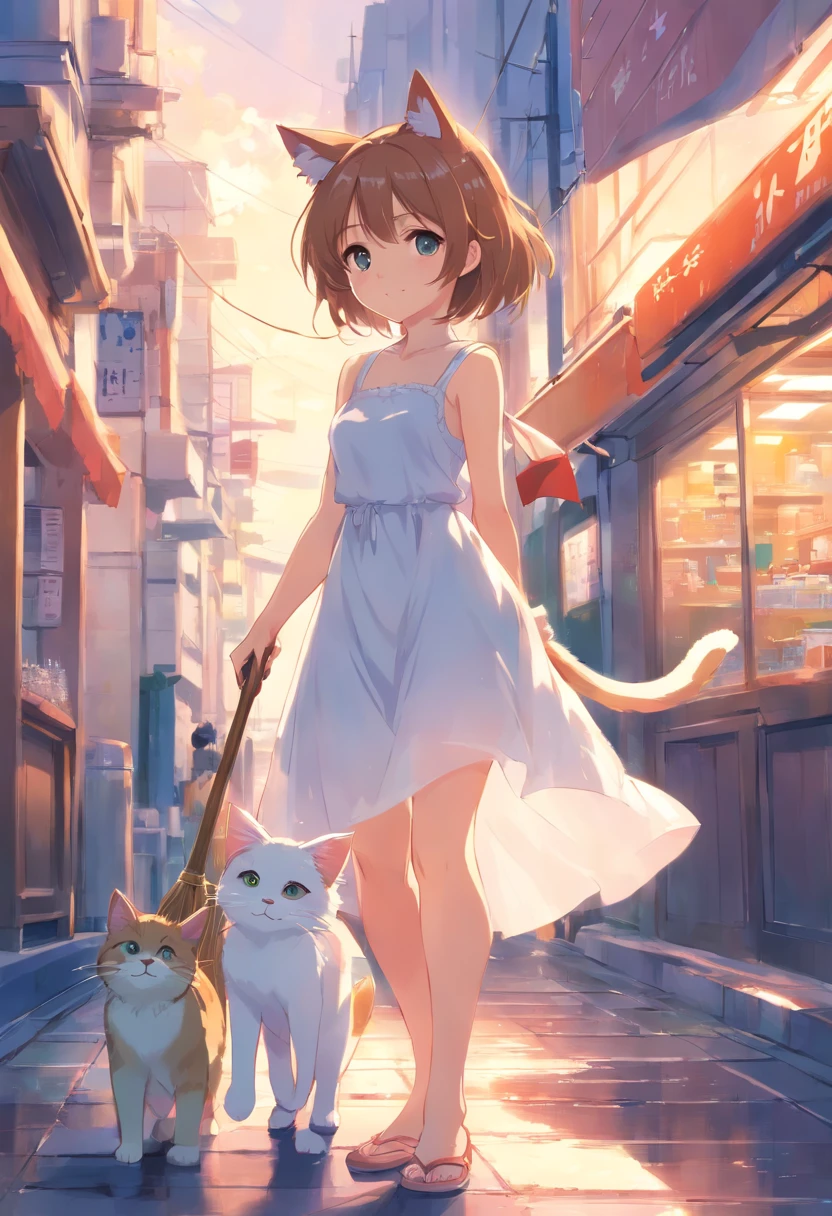 Anime cat-eared girl in white dress, sweep，Cleaning with a broom，loli in dress,Sleeveless， small curvy loli, artwork in the style of guweiz, guweiz on pixiv artstation, guweiz on artstation pixiv, guweiz, small li girl, soft anime illustration, Anime visuals of cute girls, Detailed Digital Anime Art