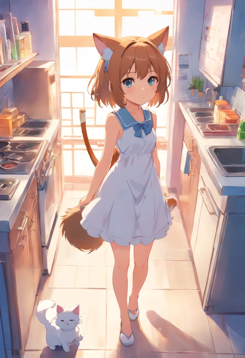 Anime cat-eared girl in white dress, sweep,Cleaning with a broom, in dress,Sleeveless, small curvy lolitwork in the style of guweiz, guweiz on pixiv artstation, guweiz on artstation pixiv, guweiz, small loli giroft anime illustration, Anime visuals of cute girls, Detailed Digital Anime Art