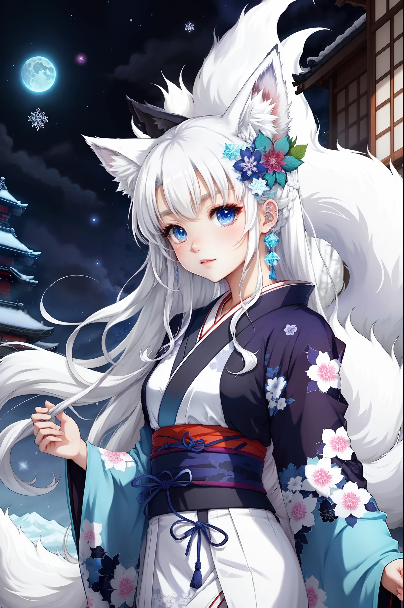 Beautuful Women、white  hair、Blue eyes、animesque、illustratio、Super Long Hair、Arrange kimono、Japanese style dress、Aside、full bodyesbian、White Knee High Socks、the Nine-Tailed Fox、Cool colors、yuki、icy