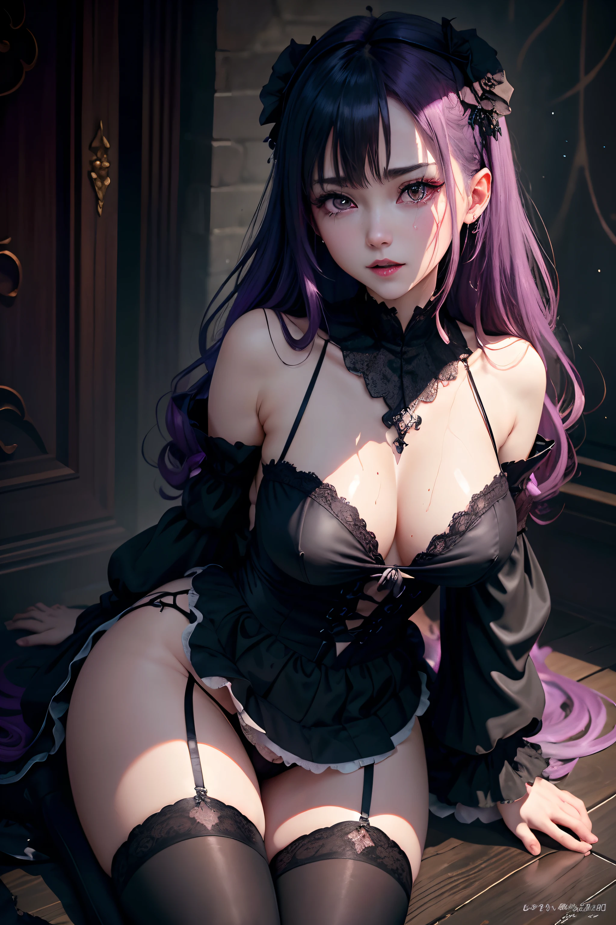 Fornication、Hard Dark Gothic Makeup、Maniacal、Deep night sky、horor、Black Dark Eyeshadow、slaves、crying how bright、mourn、Sad songs、Good skin luster、Lace pink、Long hair straight hair、Dark Gothic Makeup、Dark smile、Restless Palace、Expressions of sexual arousal、Fragrant beauty、age19、carriage、Lying、seductiv、Strong sexual pleasure facial expressions、A look of shame、Dark Gothic、Gothic Long Dress、Gothic ta、masturbation、bell sleeves、Wizard Sleeve、Obscene look、Stained glass background、masutepiece、Best Quality、Ultra-detailed、Refers to 5 books、Sweat glitters on my chest、Glitter of sweat on your face、Expression of sexual pleasure in anguish、Drunken face、maid clothes、Nasty Woman、Mysterious、noble、Face holding back the toilet、Goth lolithes、Black pretend skirt、View from above、the body is wet and shiny、Transcendent sex appeal、Sexy Poses、Nasty poses、Face of fiery body、sloppily open your legs、Sweating profusely、Glitter on the thighs、I'm sweating a lot、a little slender、Breast Size Medium、cross one's legs、Affectionate smile、twin-tail hair、Bright purple hair、Slender system、