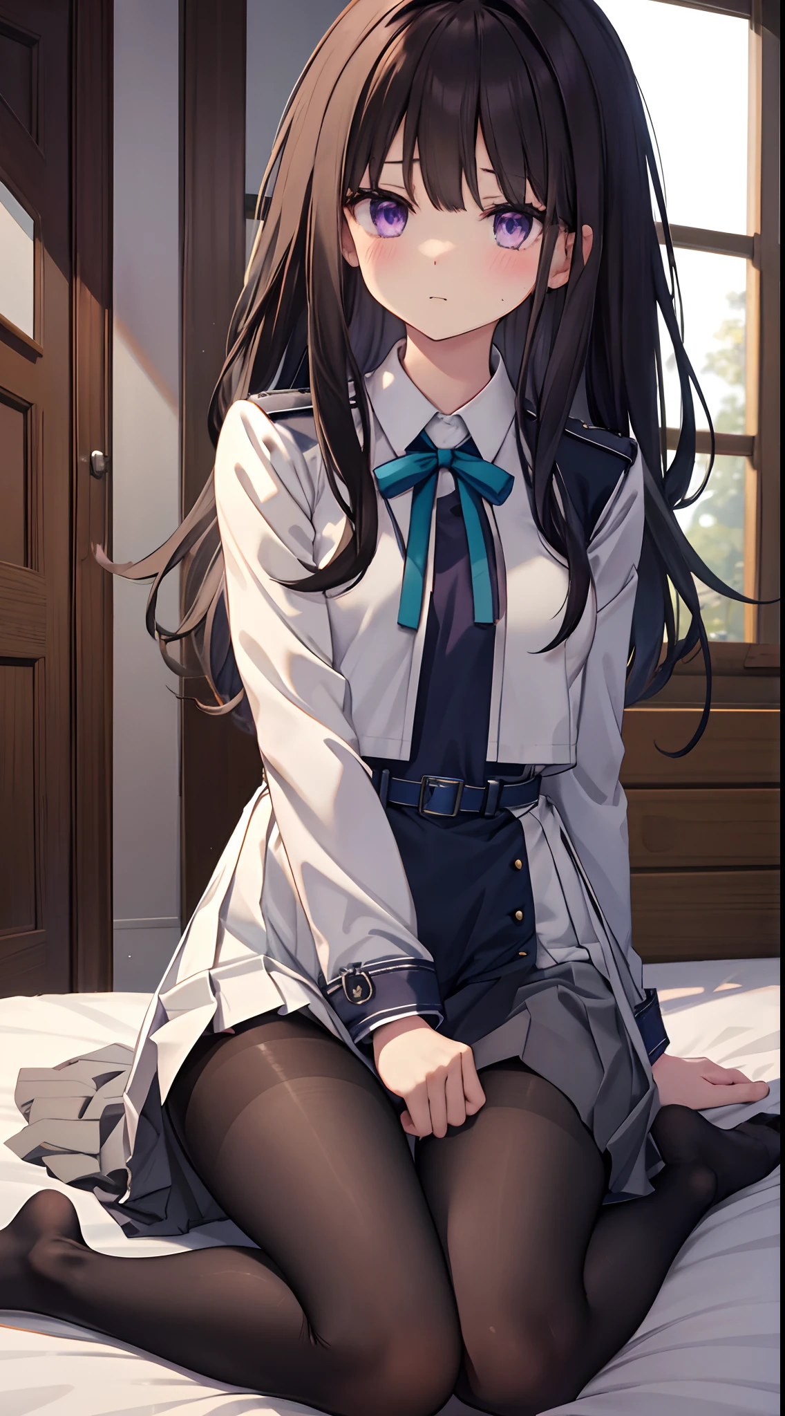 Takiinoue, Inoue Takina, Long hair, Bangs, Black hair, (Purple eyes:1.2), BREAK  shirt, Long sleeves, Dress, bow ribbon, School uniform, White shirt, Collared shirt, Belt bag, Neck ribbon, Blue Dress, Green Ribbon, pleated dress, grey dress, Two-tone dresses, Blue belt, Lycoris Uniform, top-quality、Full body portrait、perfect anatomia、1 female、Full body from head to leg、small tits、Slim Faces、a small face、Beautiful and cute face、slim and slender legs、Small toes、Precise size and balance of upper and lower body、18year old、High school girl with mature body shape、A high school girl with long、M-shaped legs、The crotch is visible with the panchira、Composition from the front、Inner thigh-sitting、Sitting with legs open with bent knees、Lying on a white bed facing the front、brown haired、Longhaire、Panting face about to cry、red blush、embarrassed look、A slightly sad look、Wearing white panties inside black light pantyhose、No shoes、No shoes on、Black_Wearing white panties inside stockings、Wearing white panties inside black transparent stockings、Wearing white panties inside black stockings、Wearing white panties inside black pantyhose、Wearing white panties inside black lace pantyhose、Wearing white panties inside black lens stockings、Wearing white panties in black light pantyhose、Wearing white panties in black transparent pantyhose、No shoes、No shoes on、Pure white under black stockings_panties on、Panties are visible through a navy blue pleated skirt、Pure white bra、Underwear、Beige blazer uniform is half open、White blouse uniform is open、Beige Blazer Uniform、White blouses、A white bra is visible from the blouse、The crotch is visible through the navy blue pleated skirt、Japanese high school  girl、Bedrooms、inside the house、during daytime、（small tits）