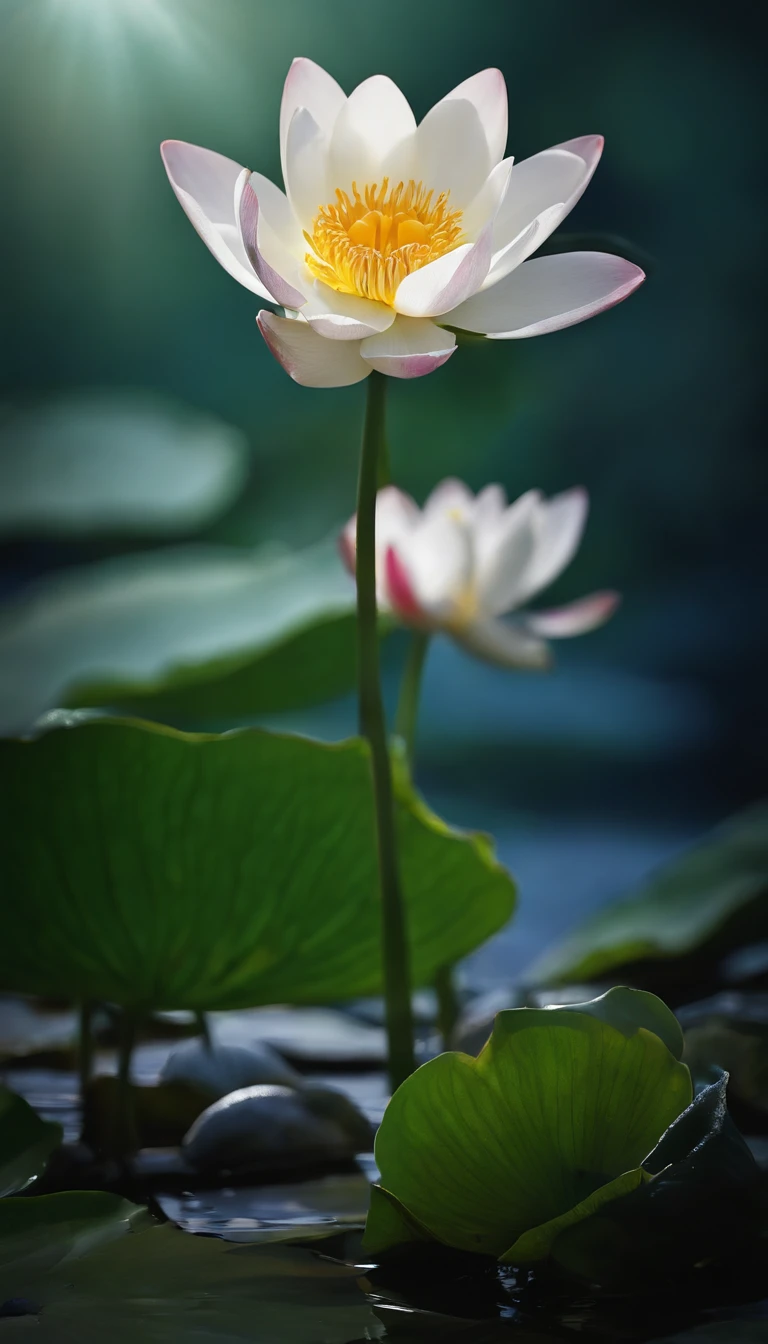 (tmasterpiece，Authentic Photos，Concise structure：1.5），the night，Moonlight in the lotus pond，White Full Moon，Beautiful artistic concept、There is a white flower that is sitting on a rock, Flor reflectante, Paul Barson, foto muy bonita, inspirado por Igor Zenin, tranquilidad, hermosa flor, loto, Ethereal Beauty, peaceful expression, Flor delicada y brillante, con flores de loto, por Igor Zenin, Flor de loto, Reflejos suaves, Suave resplandor blanco, Very calm mood, serene expression