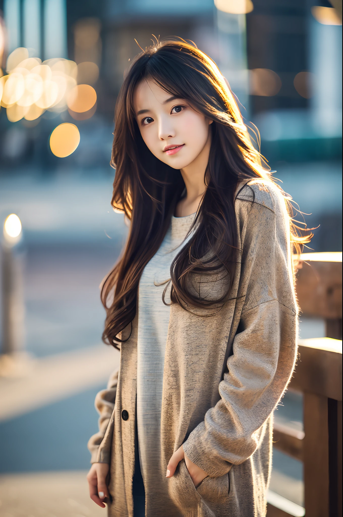 1 girl, casual fashion, long hair , full body, realistic, ((masterpiece, Best quality)), raw photo, (dynamic light, best quality, highres, original), looking at viewer, Super High Resolution, CG wallpaper, gorgeous, beautiful, city as background, bokeh, focus on face,