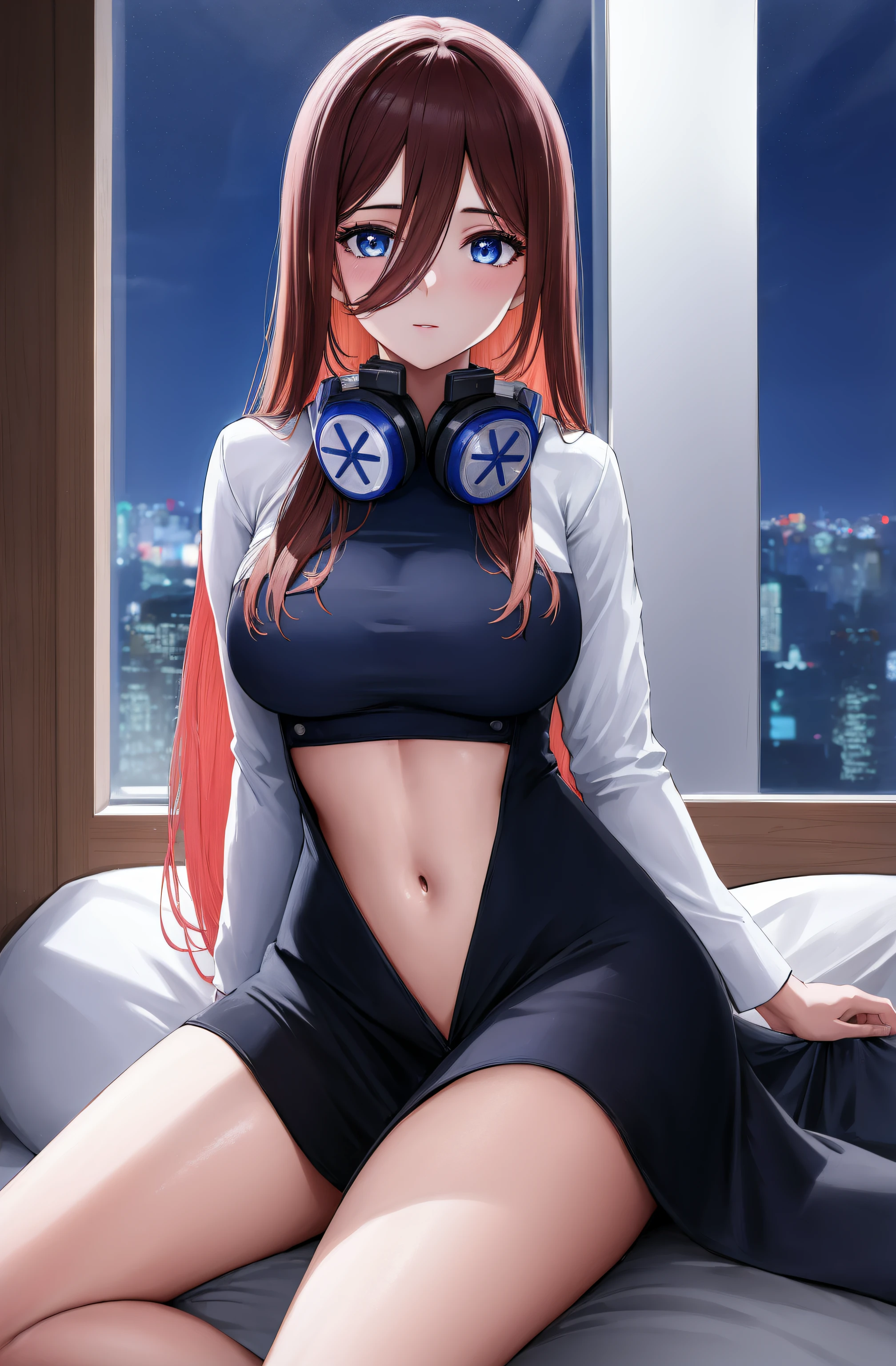 (Night:1.7), Cyberpunk_CityView, Before Window,
sitting at attention,sitting on couch,
nun uniform,navel, miku nakano, long hair, bangs, blue eyes, brown hair, hair between eyes, headphones, headphones around neck,
1 girl, 18yo,Young female,Beautiful Finger,Beautiful legs,Beautiful body,Beautiful Nose,Beautiful character design, perfect eyes, perfect face,
looking at viewer, (innocent_big_eyes:1.0),(expressionless:1.3),seductive pose.teasing smile,
NSFW,official art,extremely detailed CG unity 8k wallpaper, perfect lighting,Colorful, Bright_Front_face_Lighting,
(masterpiece:1.0),(best_quality:1.0), ultra high res,4K,ultra-detailed,
photography, 8K, HDR, highres, absurdres:1.2, Kodak portra 400, film grain, blurry background, bokeh:1.2, lens flare, (vibrant_color:1.2)
(Beautiful,medium_Breasts:1.4), (beautiful_face:1.5),(narrow_waist),(perfect hands, perfect anatomy),