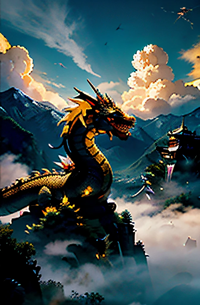 chinesedragon,shock,full bodyesbian,The golden dragon,Auspicious clouds,no-humans,Domineering,Ink win,water ink,chinese paintings