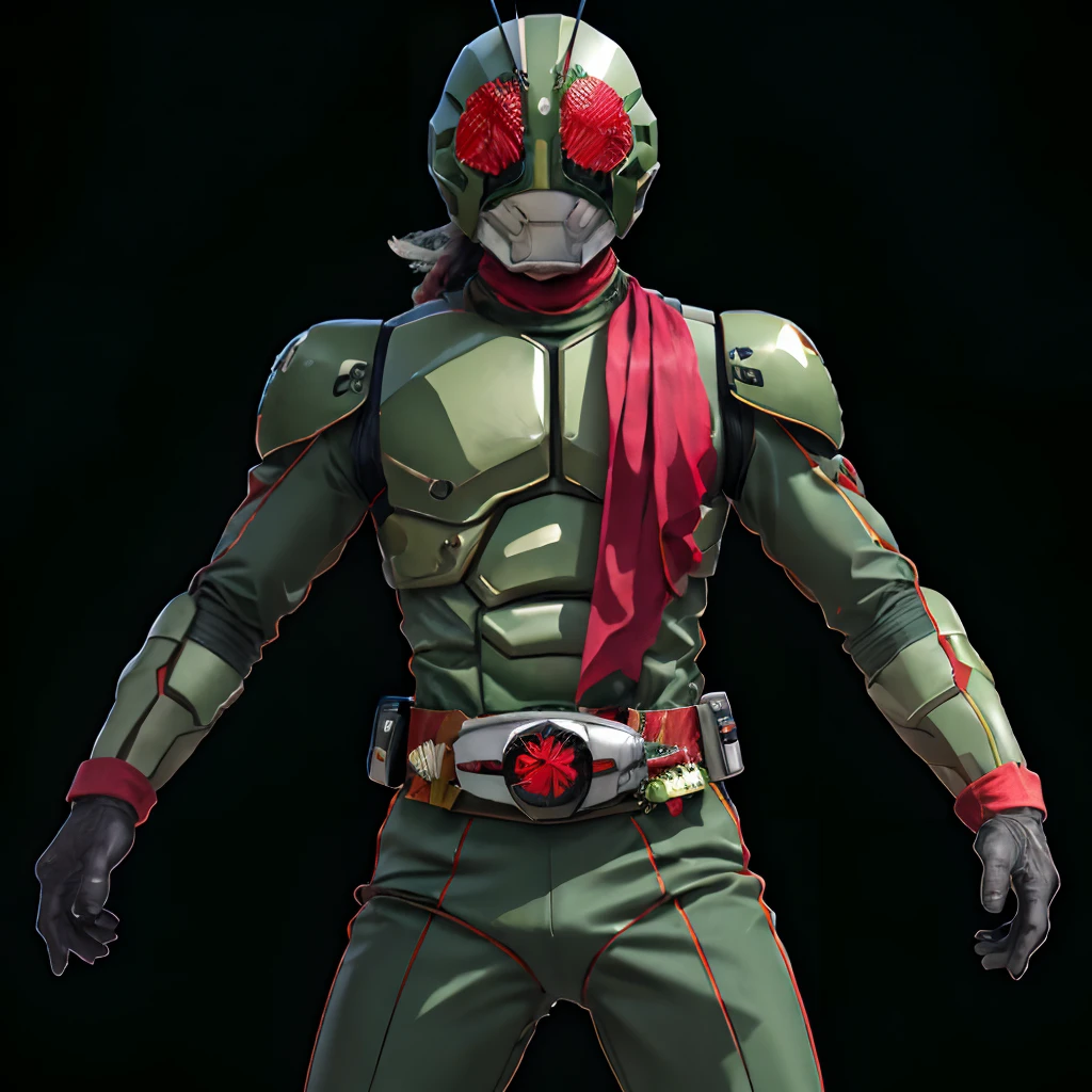 masterpiece, highest quality, illustration, green bodysuit, red scarf, mask, helmet, tokusatsu, belt, Dark green combat uniform, Grasshopper mask, solo, full body,