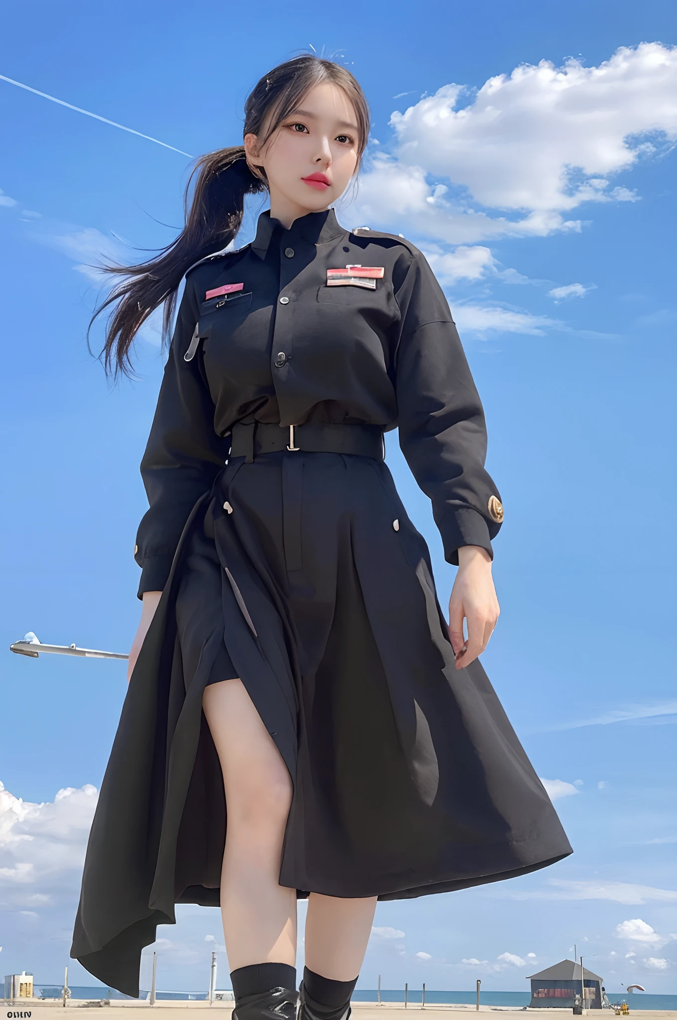 Raw foto, Photorealistic, s whole body, ponytail hair,pale-skin, Black eyes, Pink lips, (Cute), detailed background, Detailed face, Detailed Eyes, Detailed hair, All renders, super detaill, Anatomically accurate., high detailed, High Quality, Best Quality, high resolucion, 8K, Masterpiece,airfield,Officer's uniform