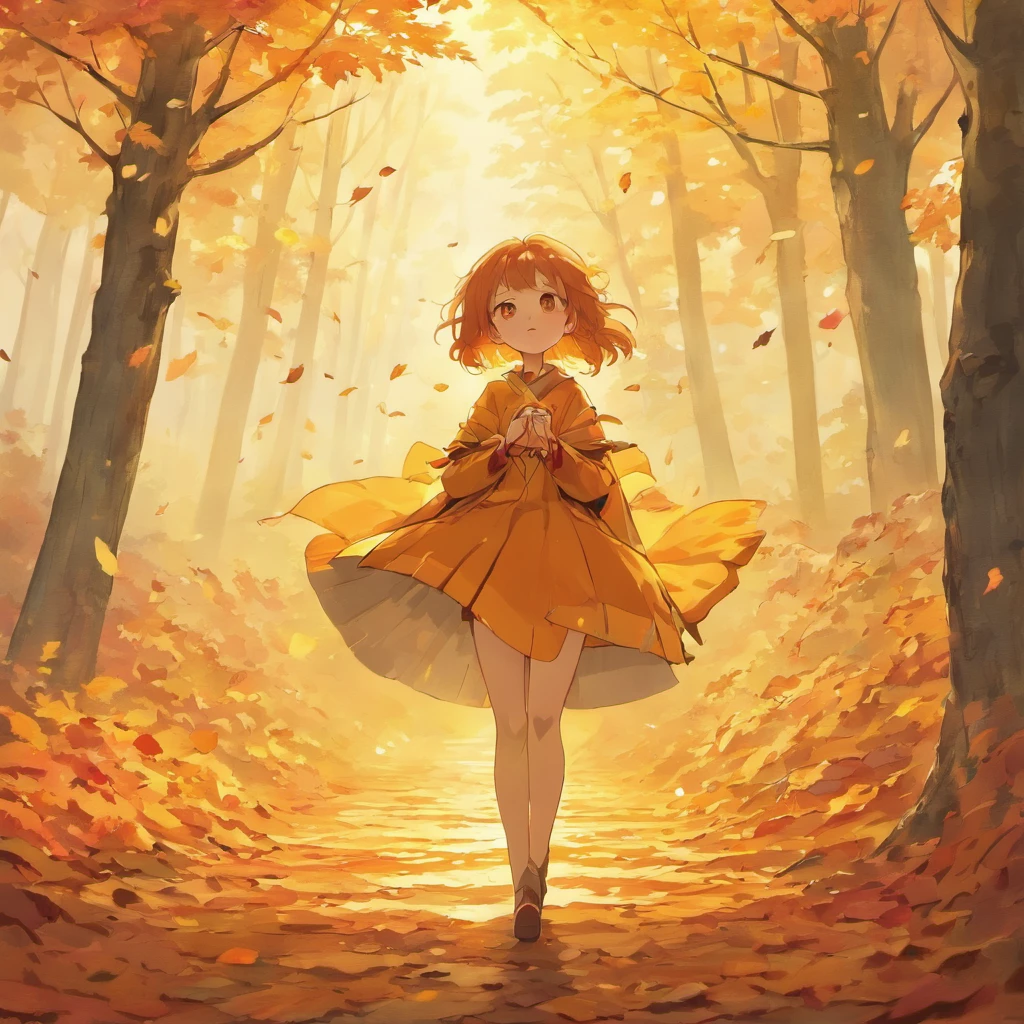 Best quality,Ultra-detailed,1 girl, Anime, landscape,Autumn,Beautiful warm colors,Sunlight shines through the trees,vibrant foliage,Tranquil atmosphere,Fresh air,subtle mist,Fallen leaves cover the earth,The sun peeps through the canopy,Dappled light,Quiet silence,Sturdy trunk,Majestic branches stretch out to the sky,Cascading leaves float gently in the air,Delicate autumn leaves dance in the wind,Rich bark texture,Lovely orange tones,Red,and yellow,Colorful foliage covers the forest floor,Leaves rustle and whisper,Mossy rocks and fallen logs,Golden hour lighting,a peaceful and serene atmosphere.