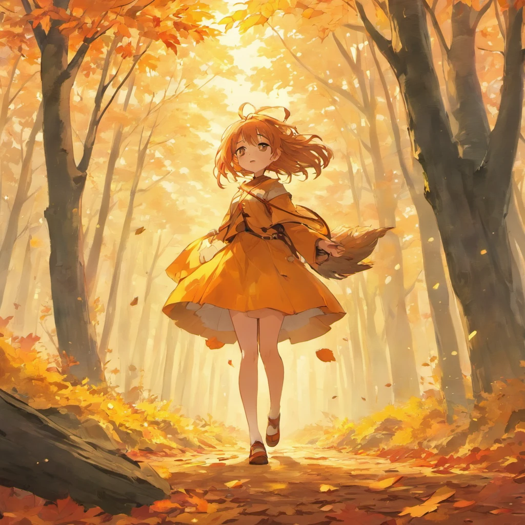 Best quality,Ultra-detailed,1 girl, Anime, landscape,Autumn,Beautiful warm colors,Sunlight shines through the trees,vibrant foliage,Tranquil atmosphere,Fresh air,subtle mist,Fallen leaves cover the earth,The sun peeps through the canopy,Dappled light,Quiet silence,Sturdy trunk,Majestic branches stretch out to the sky,Cascading leaves float gently in the air,Delicate autumn leaves dance in the wind,Rich bark texture,Lovely orange tones,Red,and yellow,Colorful foliage covers the forest floor,Leaves rustle and whisper,Mossy rocks and fallen logs,Golden hour lighting,a peaceful and serene atmosphere.