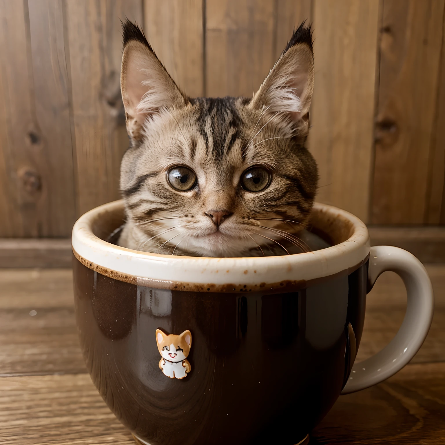 A chibigos  cat sticking out its head from a beautiful coffee cup and looking at this direction
